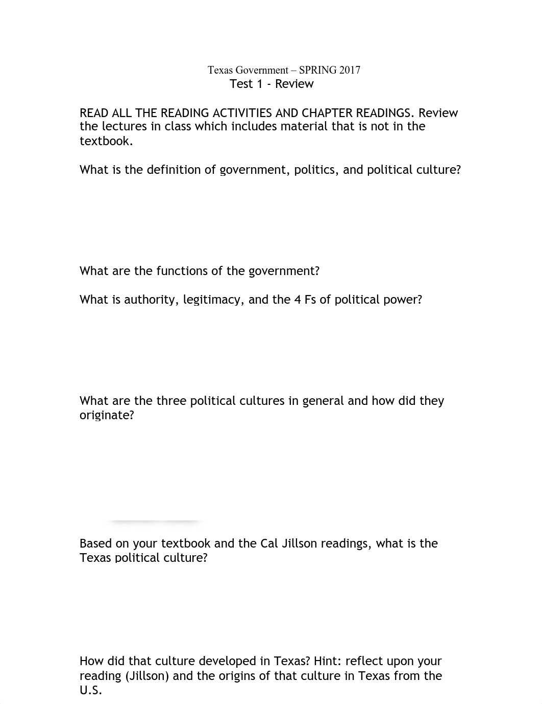 Texas govt 2306 TEST 1 REVIEW SPRING 2017  - Chap 1,2, readings, and Texas Hx-1-2.pdf_dyslb4kzzo7_page1