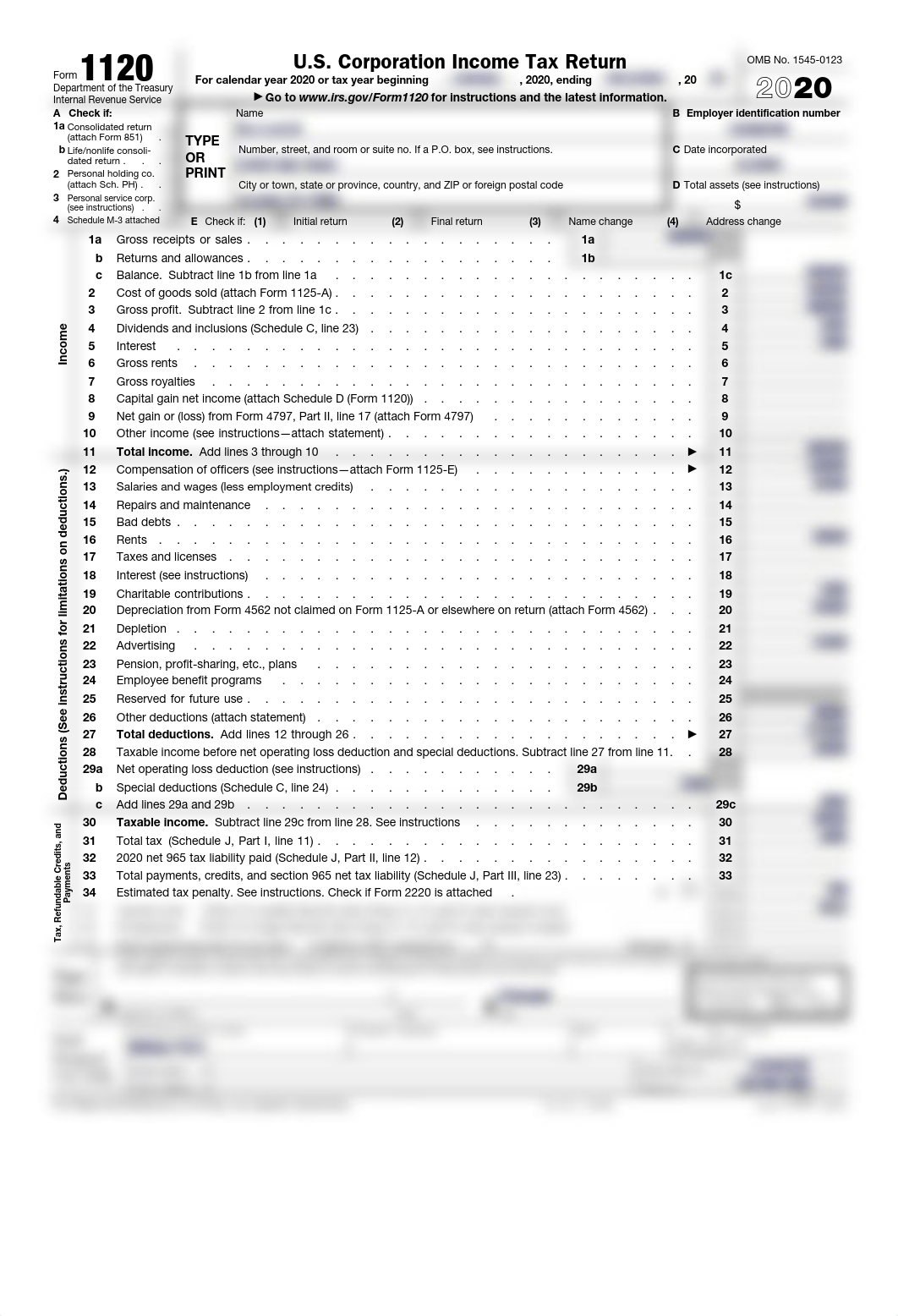 Tax Return 1 Assignment IRS form 1120- 2020.pdf_dyt5pdce2ju_page1