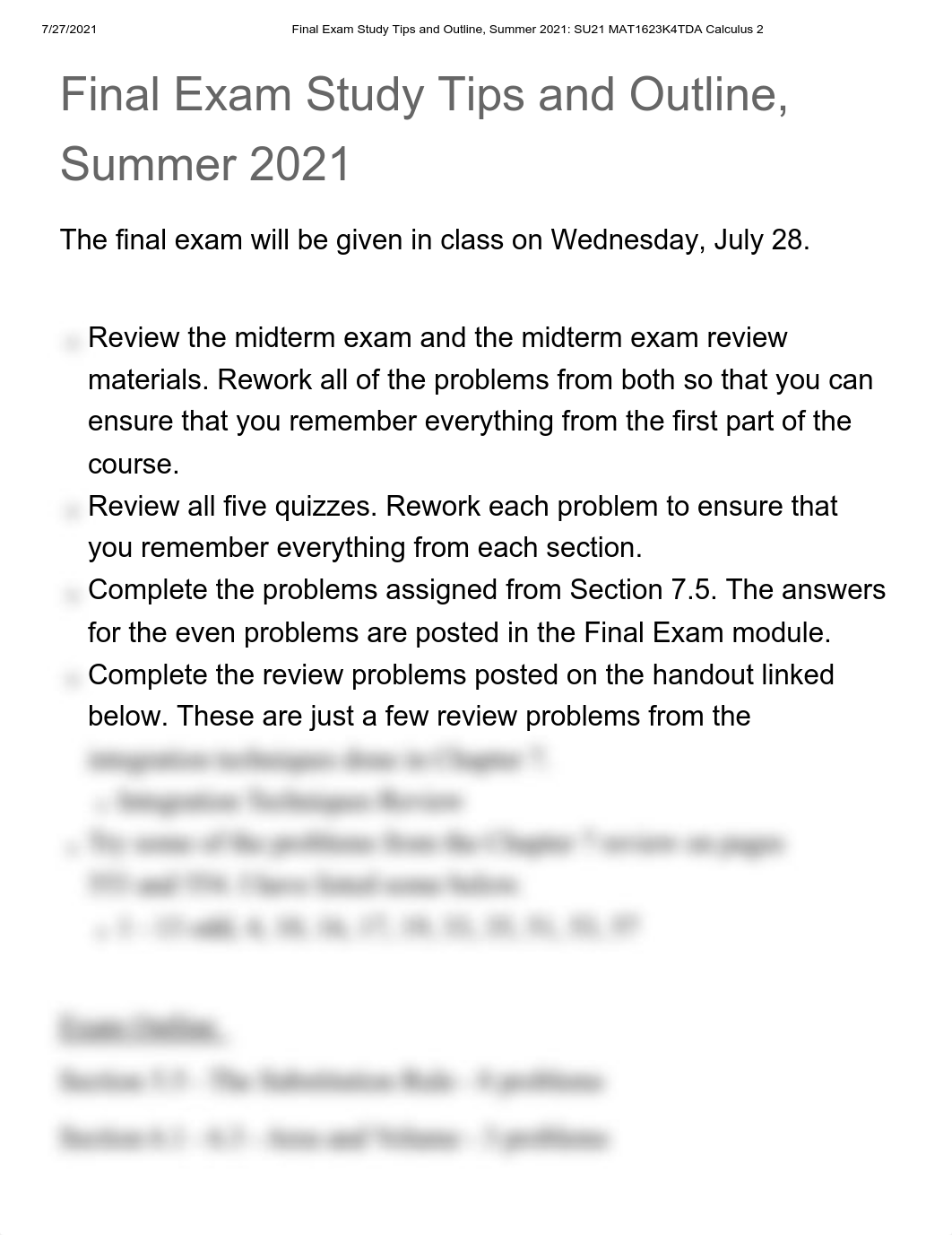 Final Exam Study Tips and Outline, Summer 2021_ SU21 MAT1623K4TDA Calculus 2.pdf_dytrvixhlif_page1