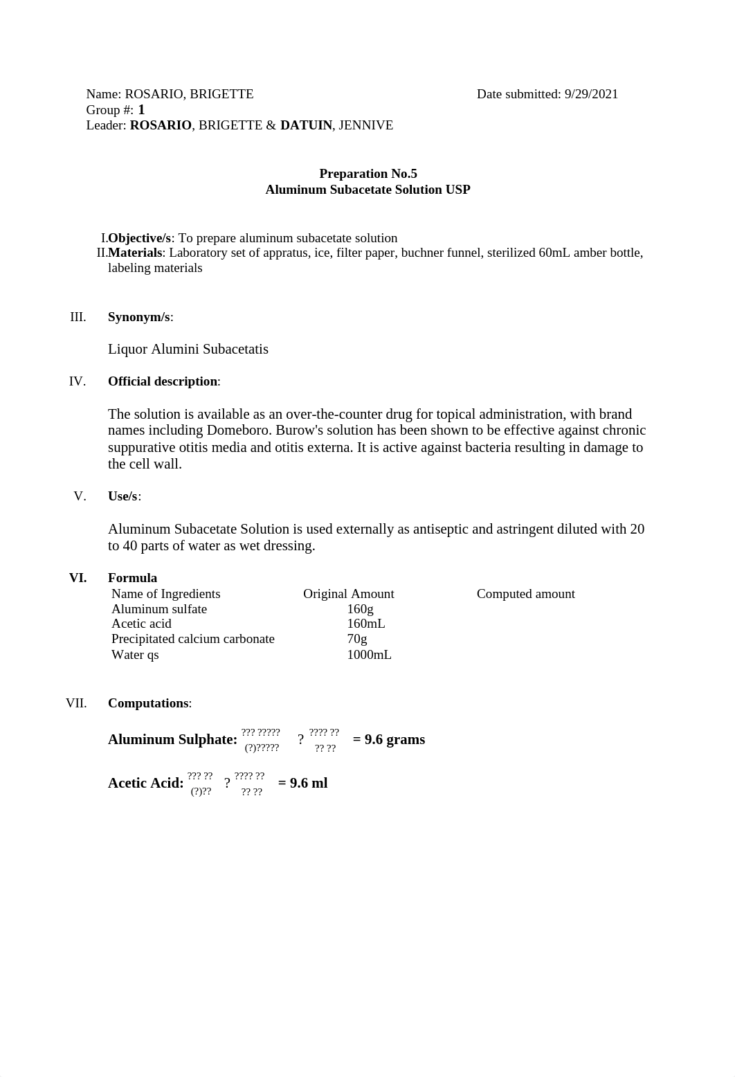 PHAR201 LAB - GROUP 1 - PREPARATION NO. 5 ALUMINUM SUBACETATE SOLUTION USP.pdf_dyu6dhhih81_page1