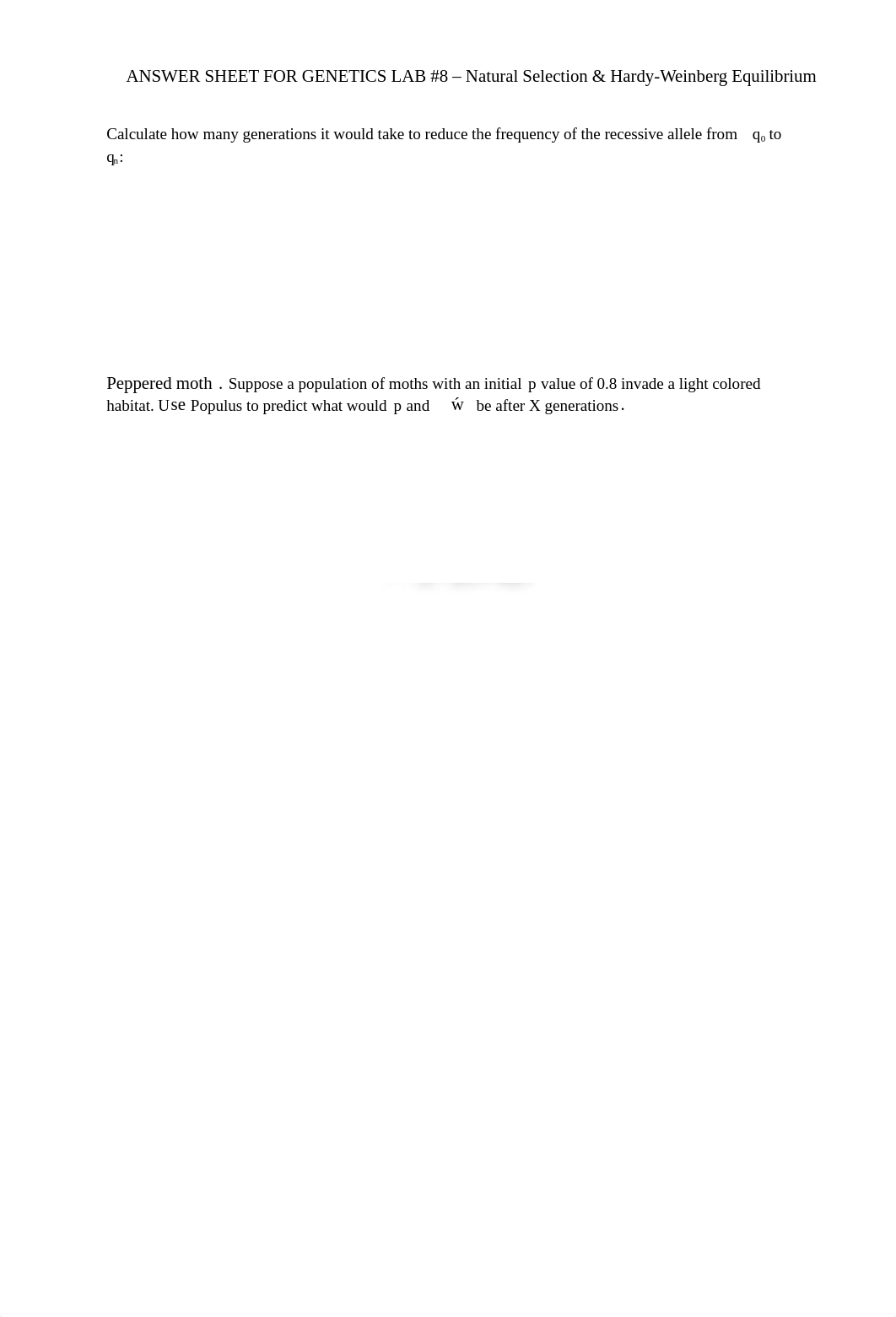 ANSWER SHEET FOR GENETICS LAB #8 - Natural Selection & Hardy-Weinberg Equilibrium.docx_dyx18u40goi_page1