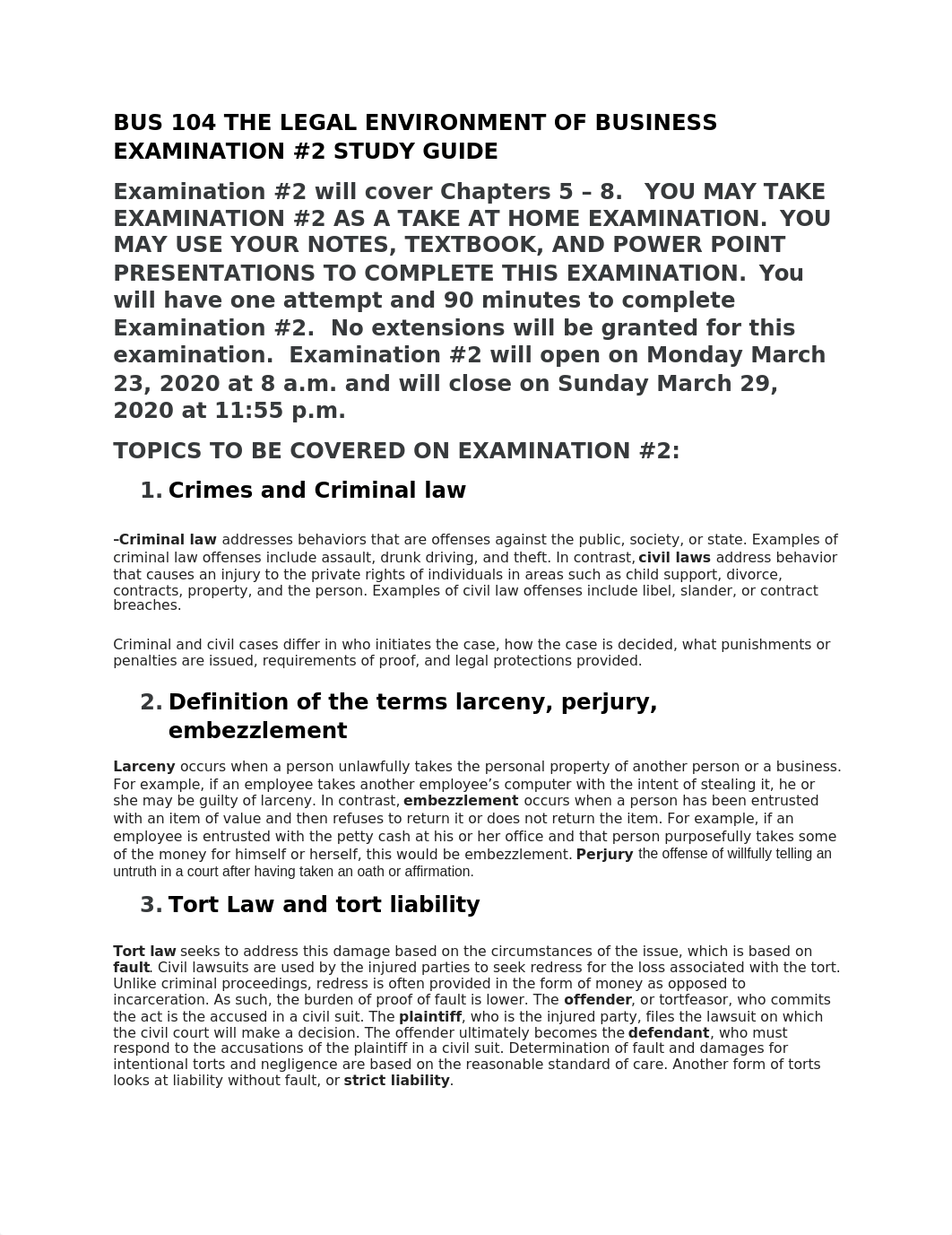 BUS 104 THE LEGAL ENVIRONMENT OF BUSINESS EXAMINATION #2 STUDY GUIDE SPRING 2020 (1).docx_dyyfh66q718_page1