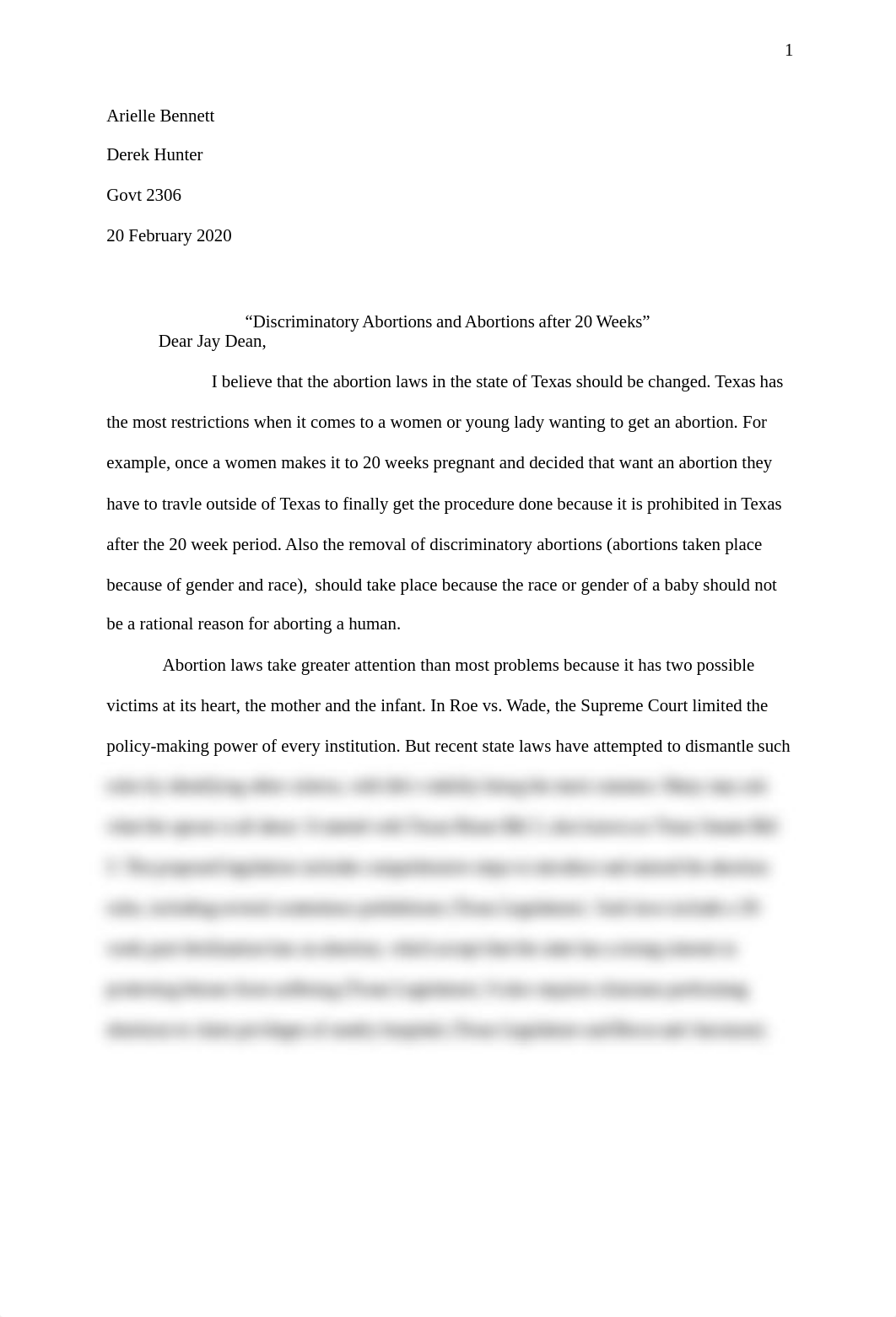 "Discriminatory Abortions and Abortions after 20 Weeks"-Class Letter-Bennett.docx_dyz18j3ewej_page1