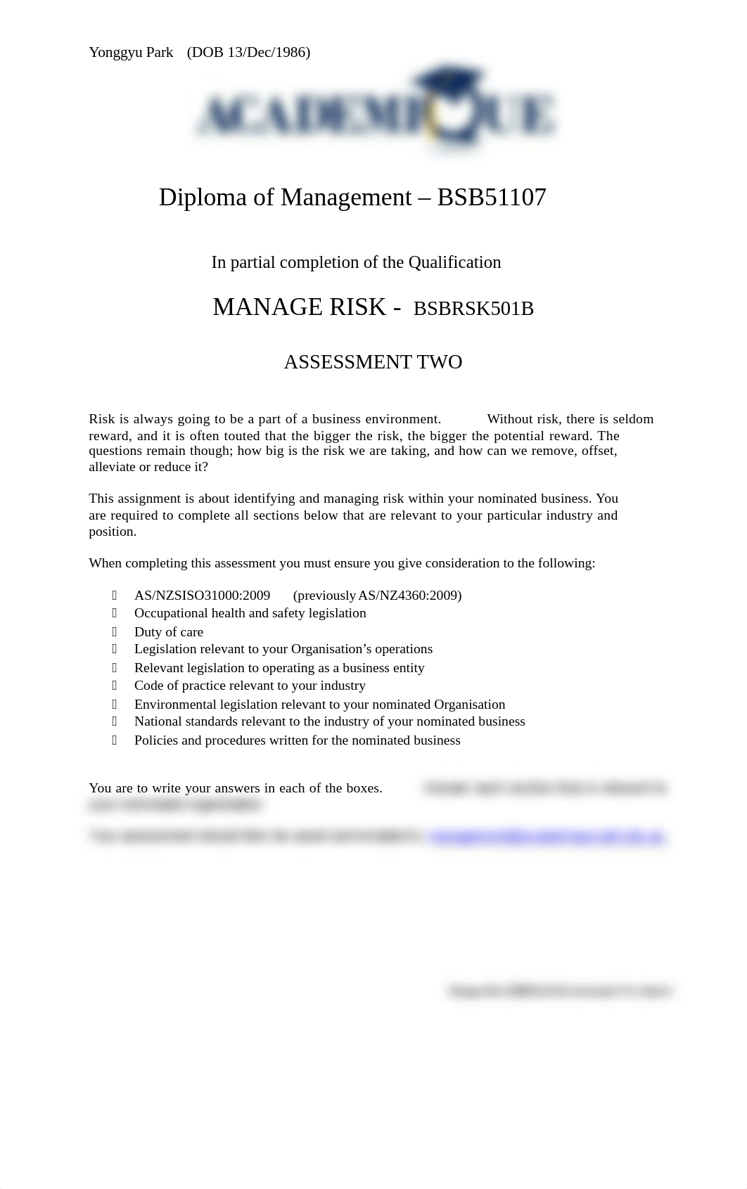 Yonggyu Park - 02. Manage Risk BSBRSK501B Assessment Two  4mar14 (2)_dz03wfhxlot_page1