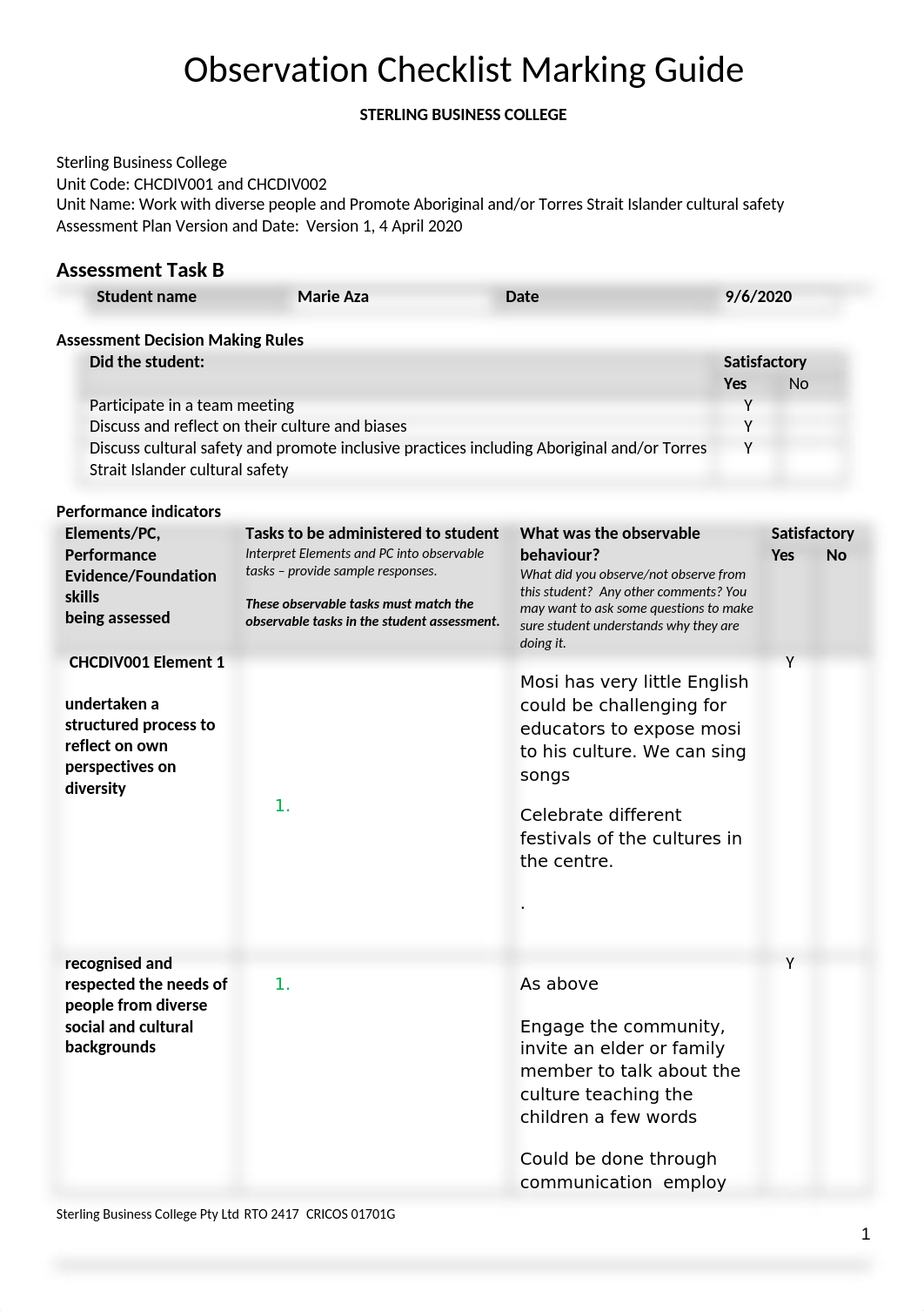 AZA CHCDIV001 AND CHCDIV002 ASSESSMENT B OBSERVATION CHECKLIST MARKING GUIDE.docx_dz6zyc8e4fc_page1