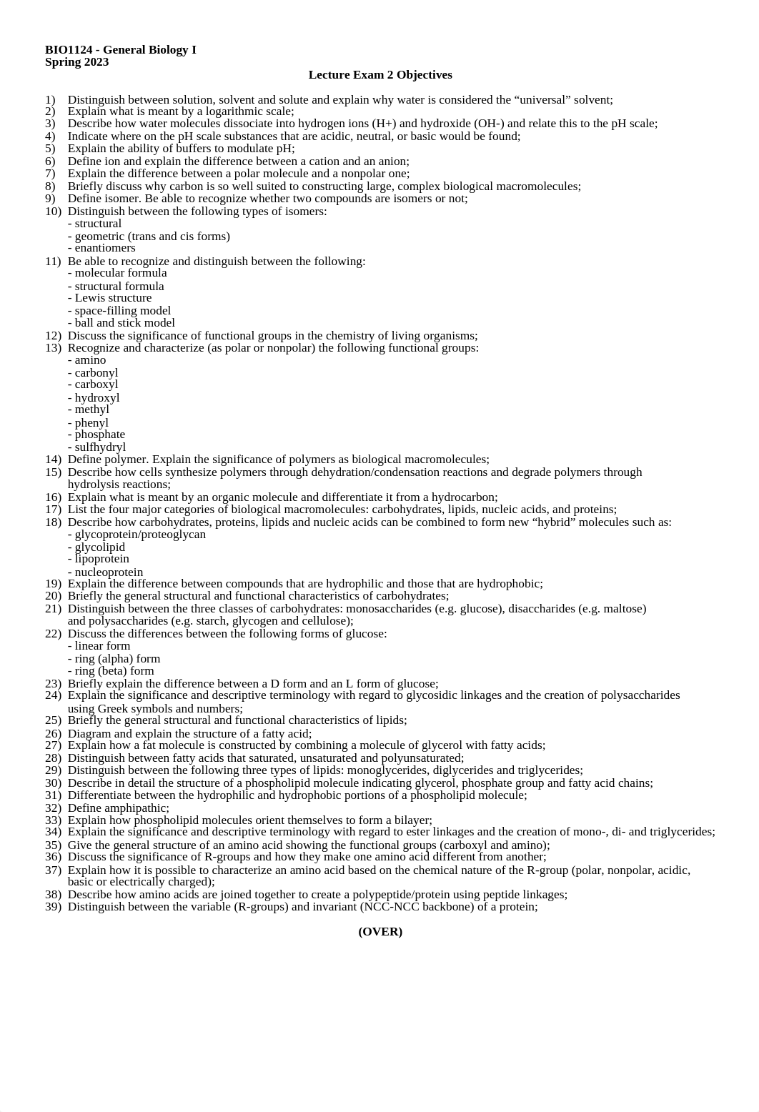 BIO1124 SP23 16WK TTH Lecture Exam 2 Objectives.docx_dz7o8cgtm8x_page1