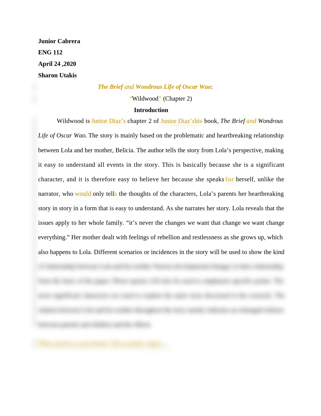 marked Junior Cabrera - First Draft of Research Paper (Wildwood by Junot Diaz).docx_dz909r8m84v_page1