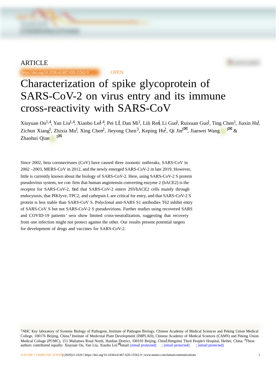 Qu et al,2020 Characterization of spike glycoprotein of SARS-CoV-2 on virus entry and its immune cro_dza5tbsbuzj_page1