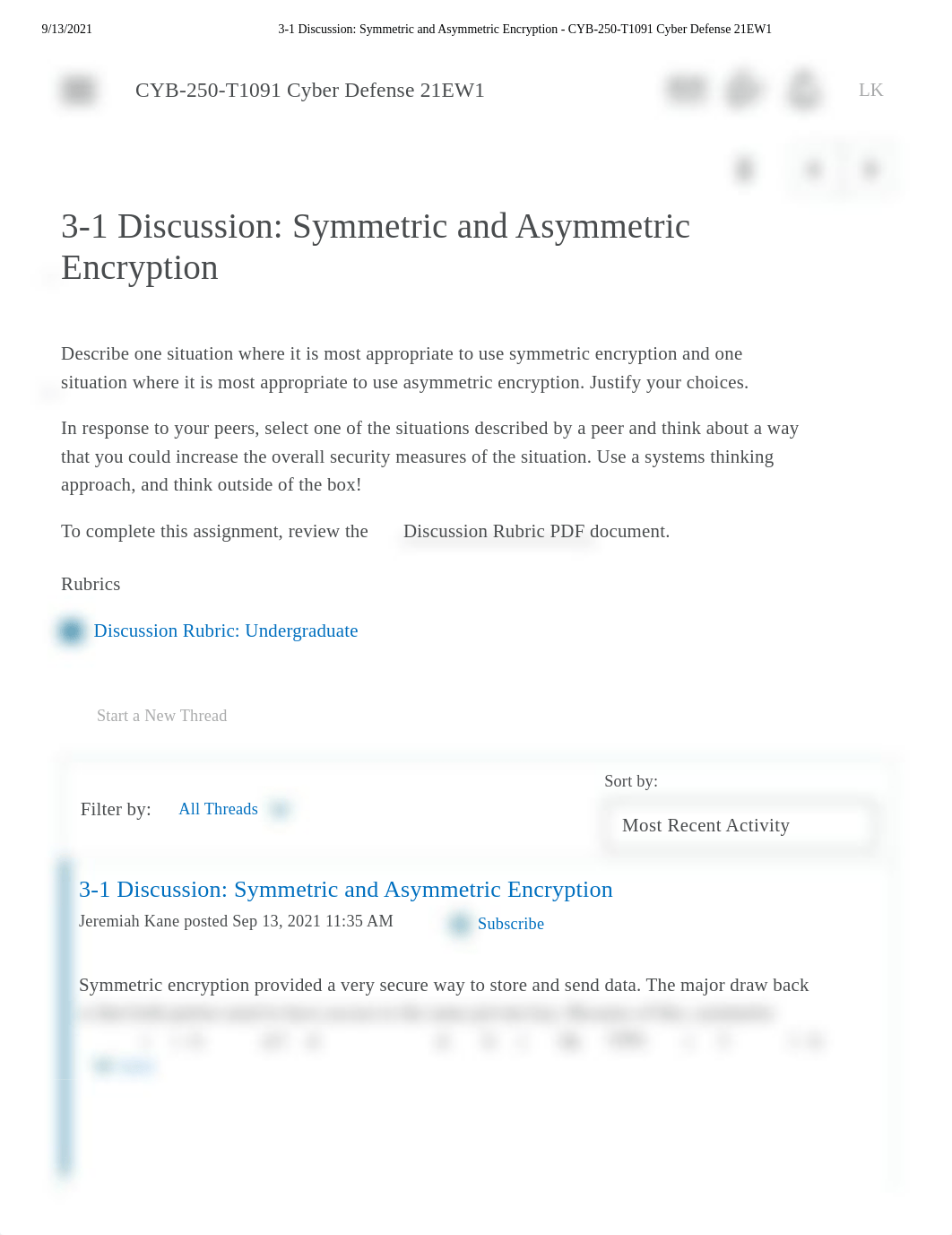 3-1 Discussion_ Symmetric and Asymmetric Encryption - CYB-250-T1091 Cyber Defense 21EW1.pdf_dzb7zmte4cm_page1