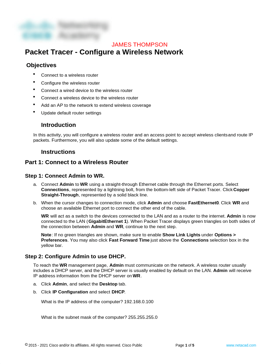 JamesThompson_13.1.10 Packet Tracer - Configure a Wireless Network.docx_dzetkvu7oqh_page1