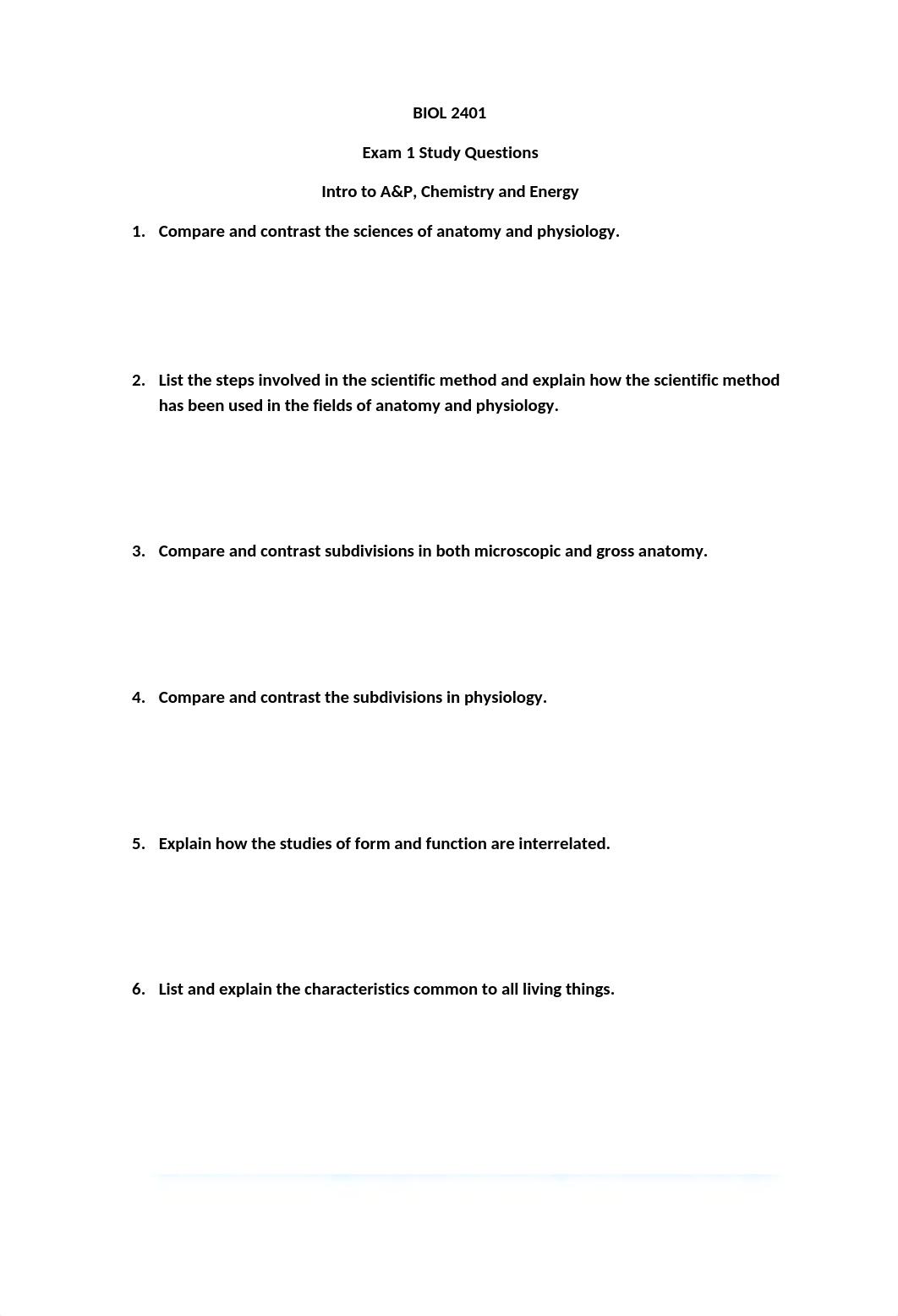 BIOL 2401 Exam 1 Study Questions - Intro to A&P, Chemistry and Energy (1).doc_dzi9owtzd98_page1