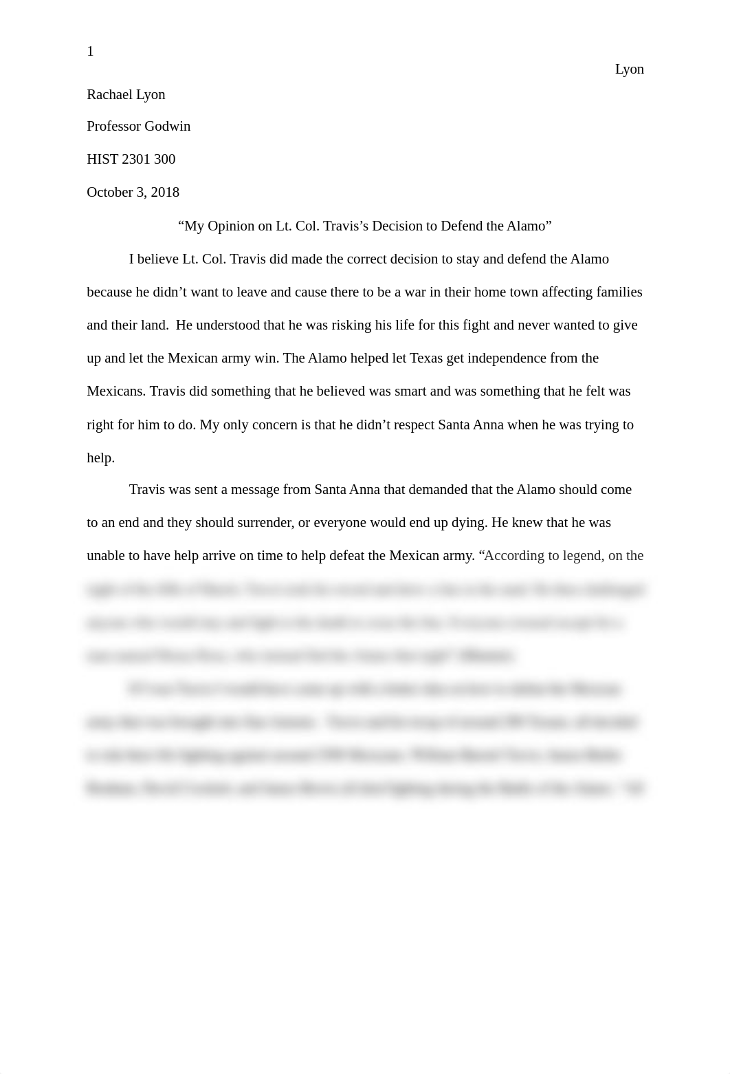 My Opinion On Lt. Col. Travis's Decision to Defend the Alamo.docx_dzie7hw9z3o_page1