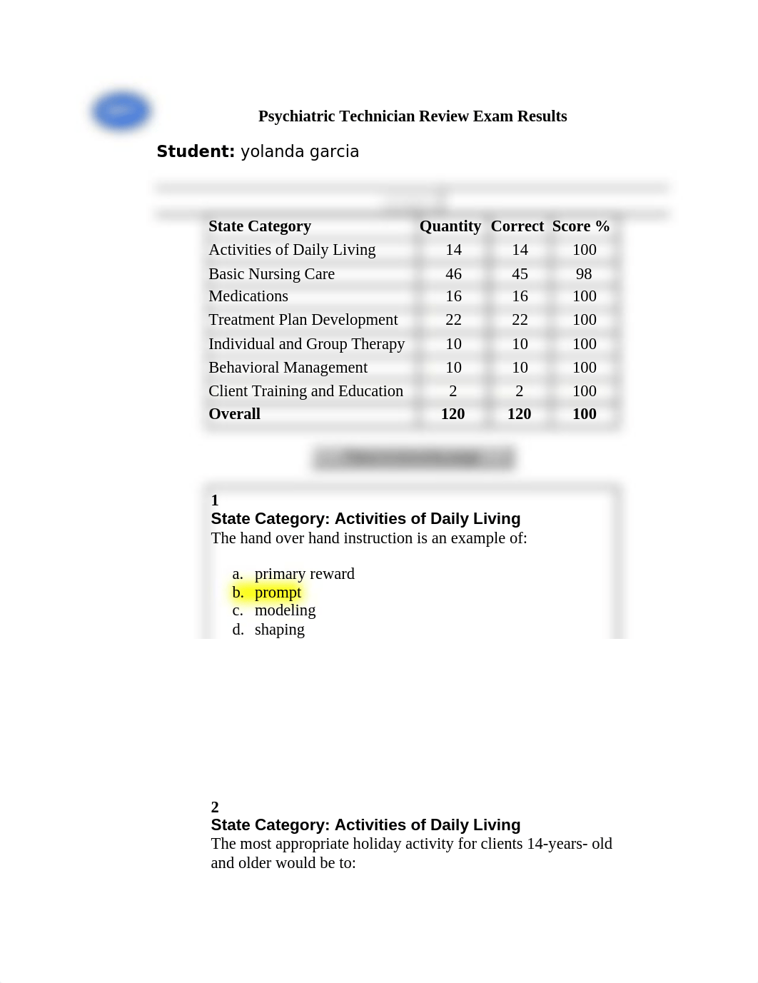 Psychiatric Technician Review Exam Results-CAPT-NURSING 120 Questions #2.docx_dzijqmj94sv_page1