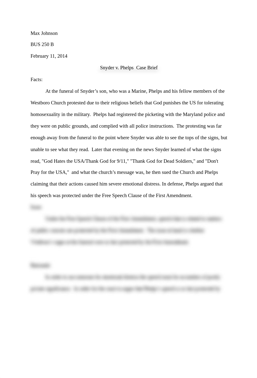 BUS 250 Snyder v. Phelps Case Brief_dzjite85t0w_page1