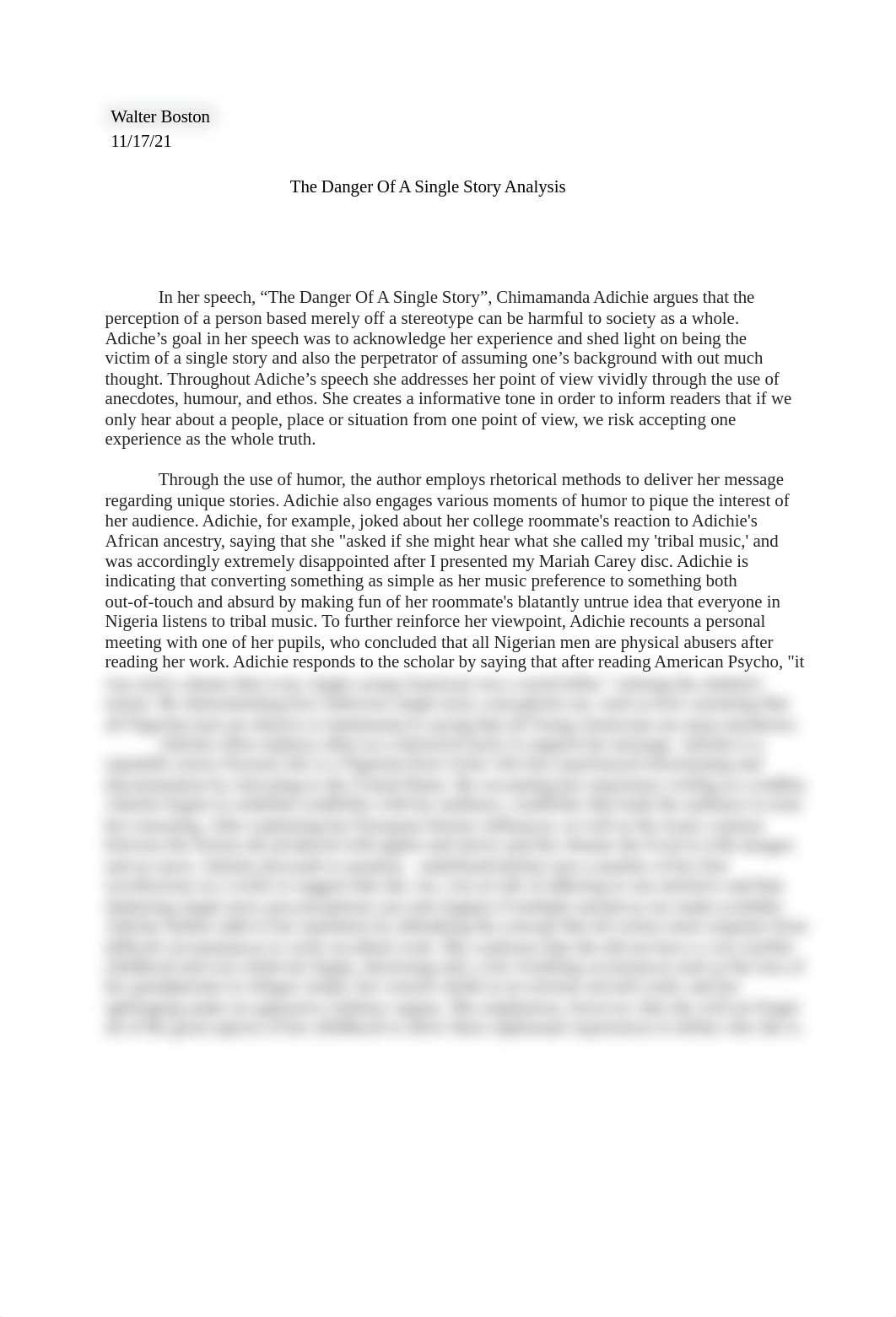 Walter Boston - Rhetorical Analysis FINAL - The Danger of a Single Story.pdf_dzmjj25pjen_page1