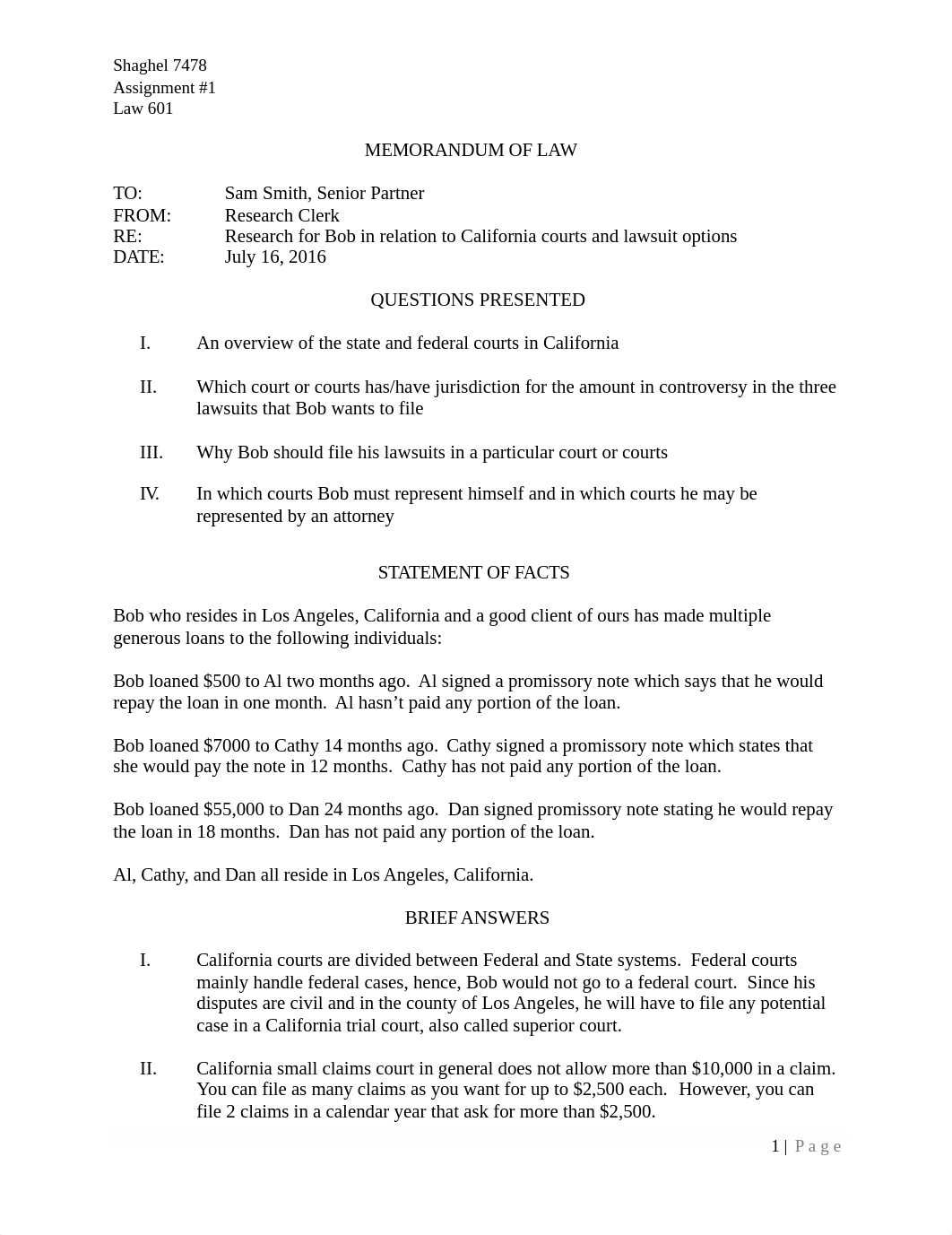 Introduction to Law 601, Assignment #1, Shaghel, #7478_dzow6abbprp_page1