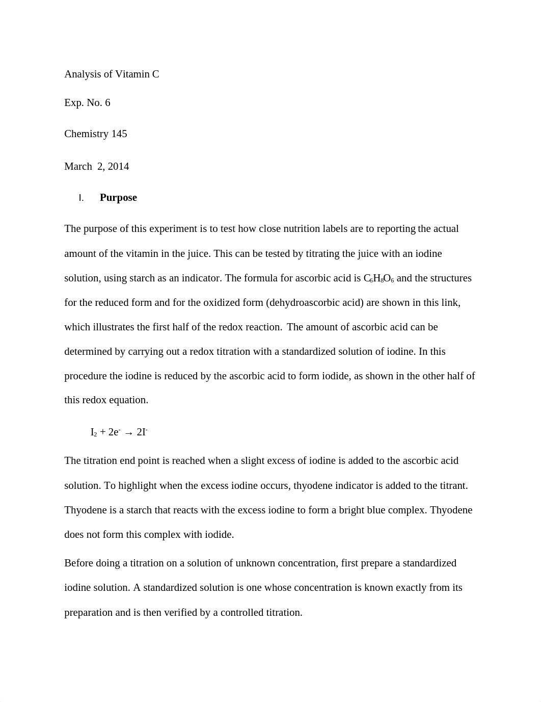 Chem 145 lab 6 Analysis of Vitamin C_dzr225om0ik_page1