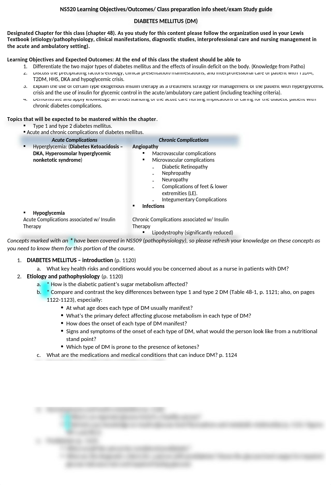 Diabetes Mellitus Objectives -Study guide - Class prep.docx_dzs8e7ld9mq_page1