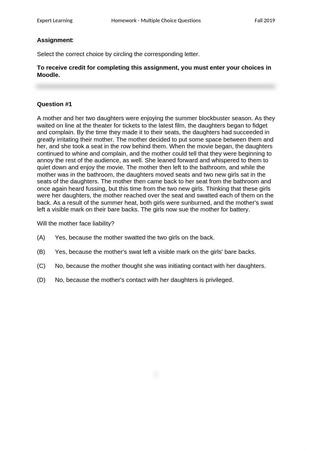 TORTS - homework MCQ on intentional torts - QUESTIONS.docx_dzul96auj3l_page1