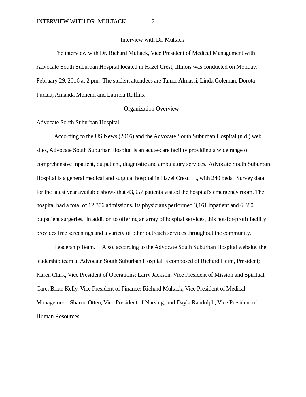 Coleman HLAD 4101 Interview paper Dr Multack Advocate South  Suburban Hospital (1).docx_dzw0o2rmg94_page2