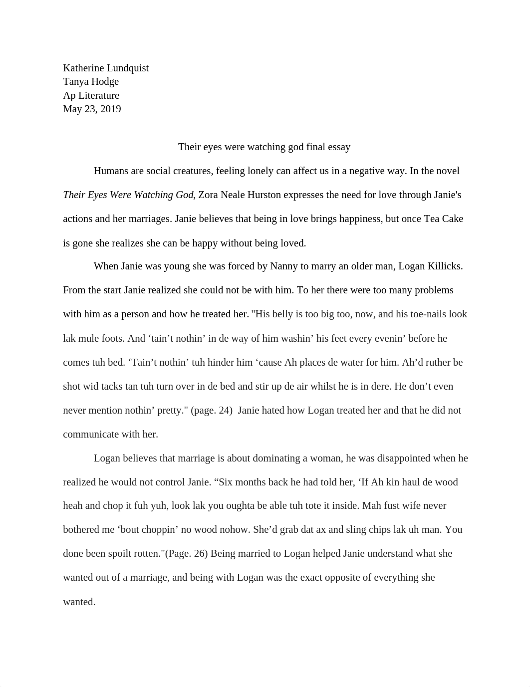 KATHERINE LUNDQUIST - Their Eyes Were Watching God Final Essay_dzw1ek2fof5_page1