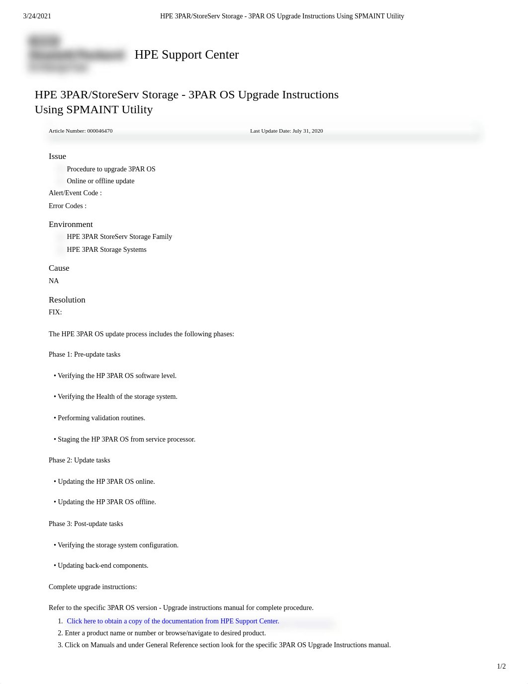 HPE 3PAR_StoreServ Storage - 3PAR OS Upgrade Instructions Using SPMAINT Utility.pdf_dzx1s2bwnln_page1