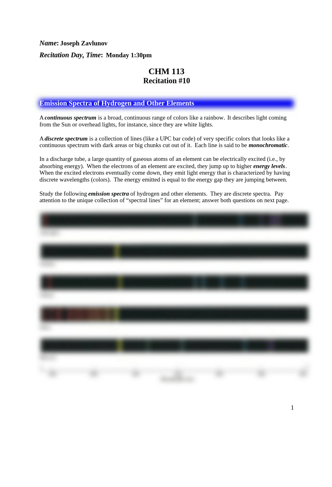 CHM 113 Recitation 10 DONE - Emission Spectra of Elements.doc_dzxm42t3ksk_page1