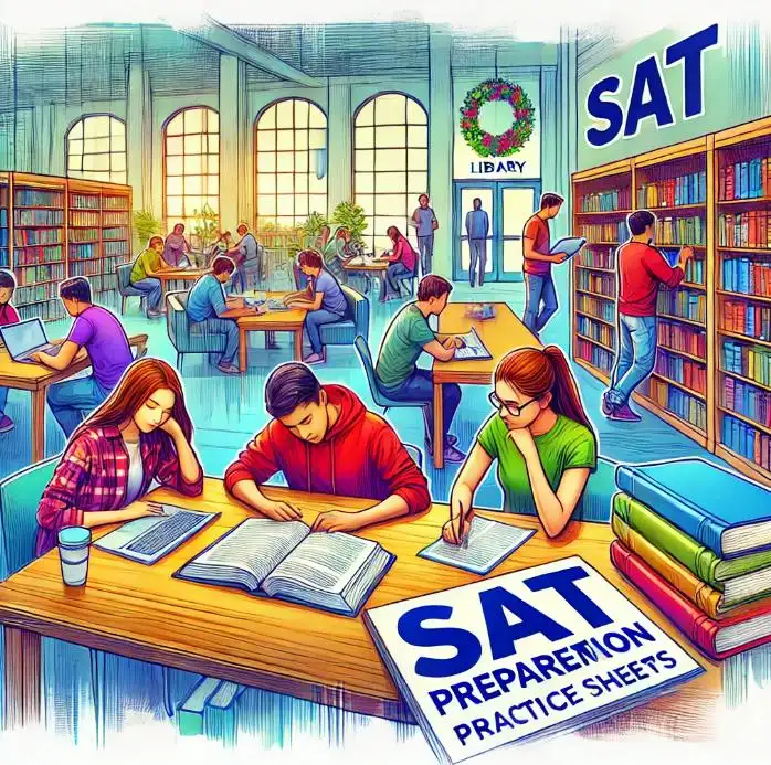 Students studying for the SAT in a library