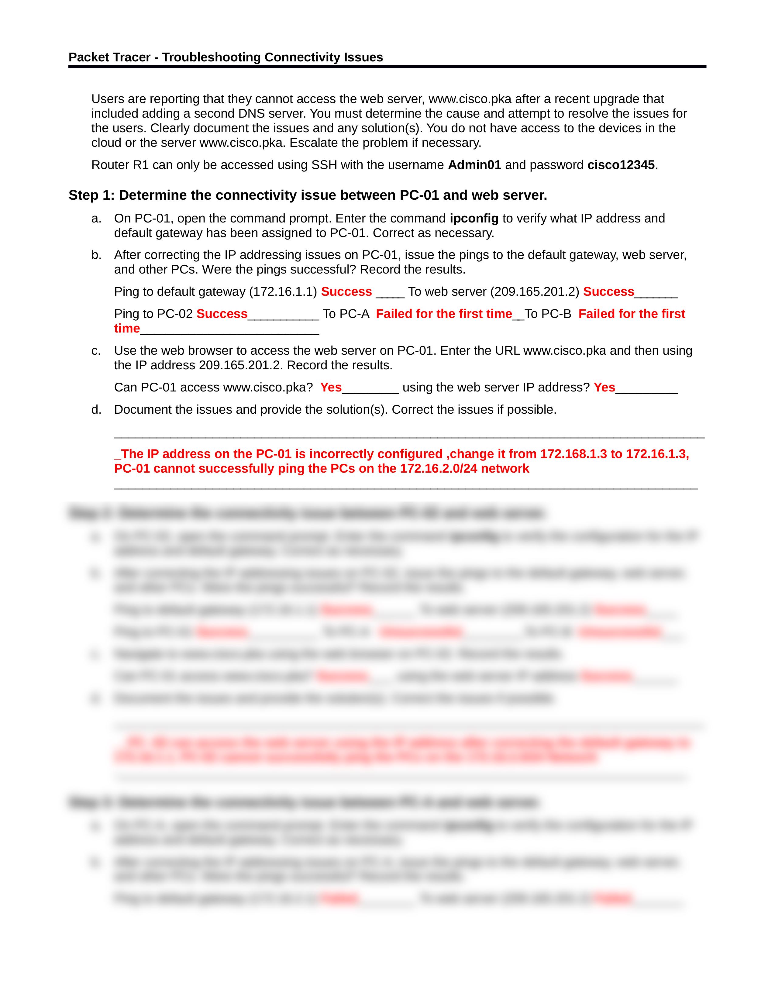 11.4.3.6 Packet Tracer - Troubleshooting Connectivty Issues week 4 assesment 8.docx_dwg2wxrwpu1_page2