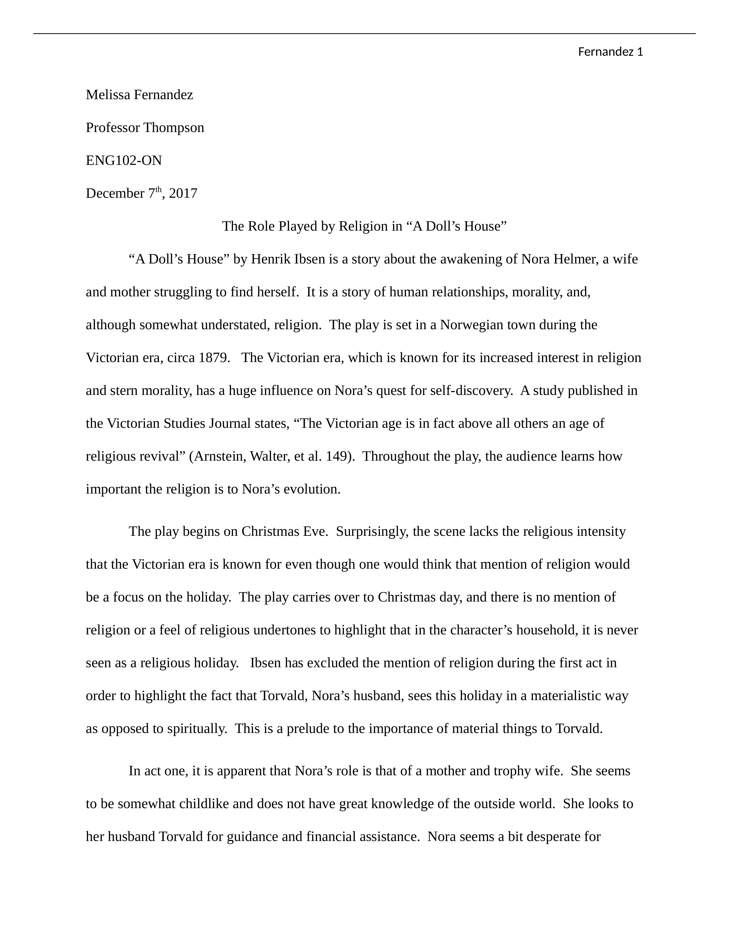 The Role of Religion in A Doll's House  Melissa Fernandez.docx_d0lrvd90omy_page1