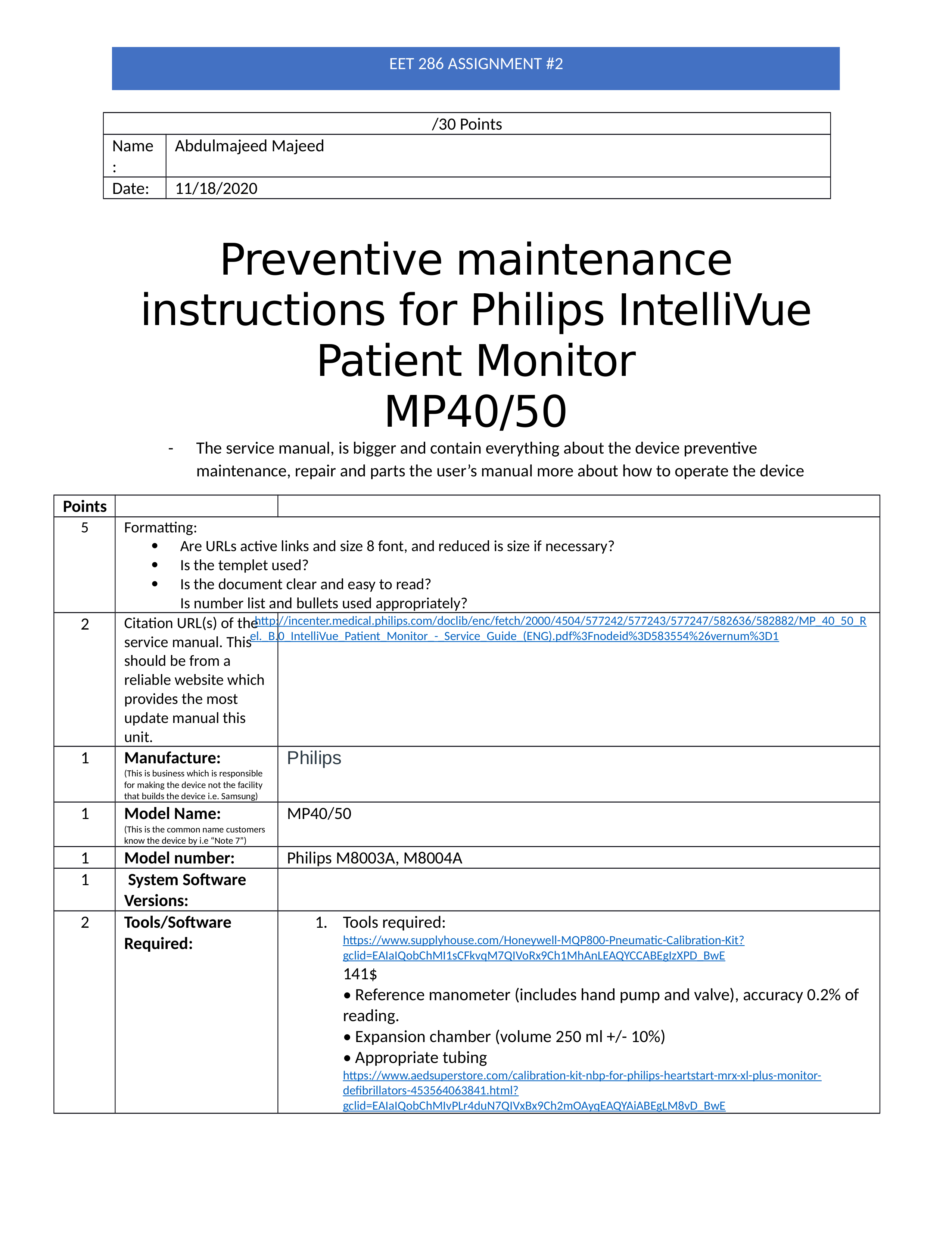 EET 286 Asgn 2- PHILIPS IntelliVue Patient Monitor MP40, MP50 abdulmajeed.docx_d1vqysluxe6_page1