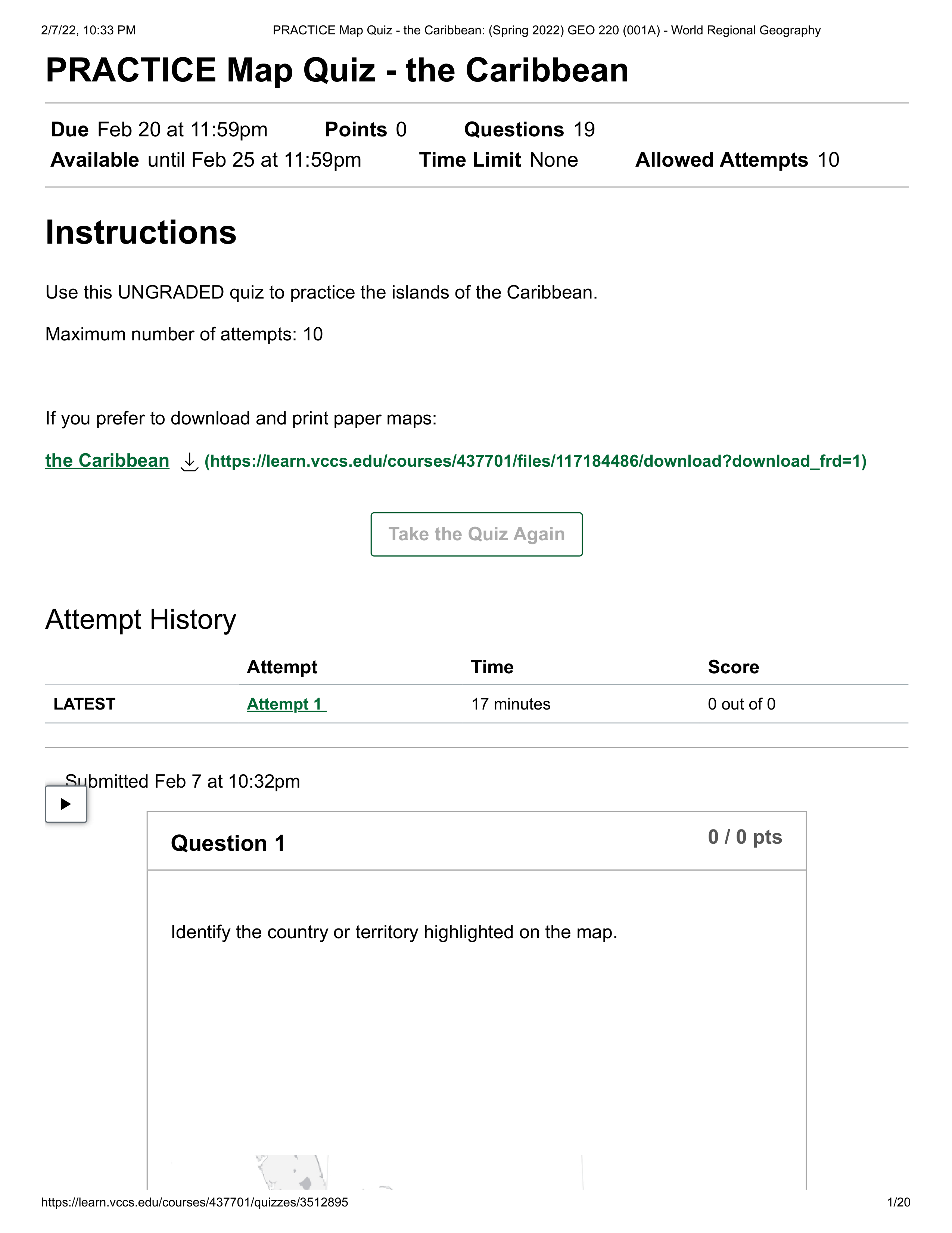 PRACTICE Map Quiz - the Caribbean_ (Spring 2022) GEO 220 (001A) - World Regional Geography.pdf_d2jdf0ei262_page1