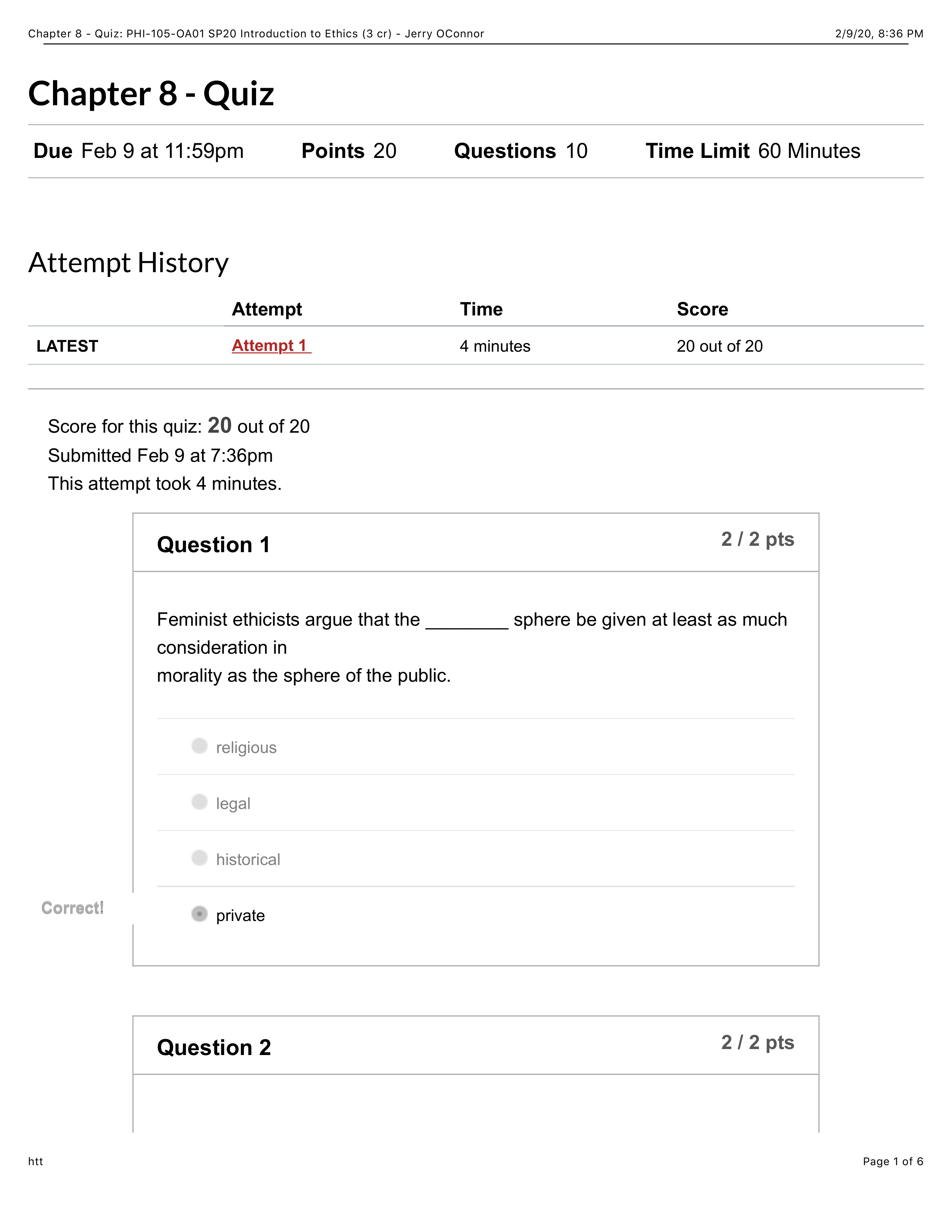 Chapter 8 - Quiz: PHI-105-OA01 SP20 Introduction to Ethics (3 cr) - Jerry OConnor.pdf_d2qo9mofudd_page1