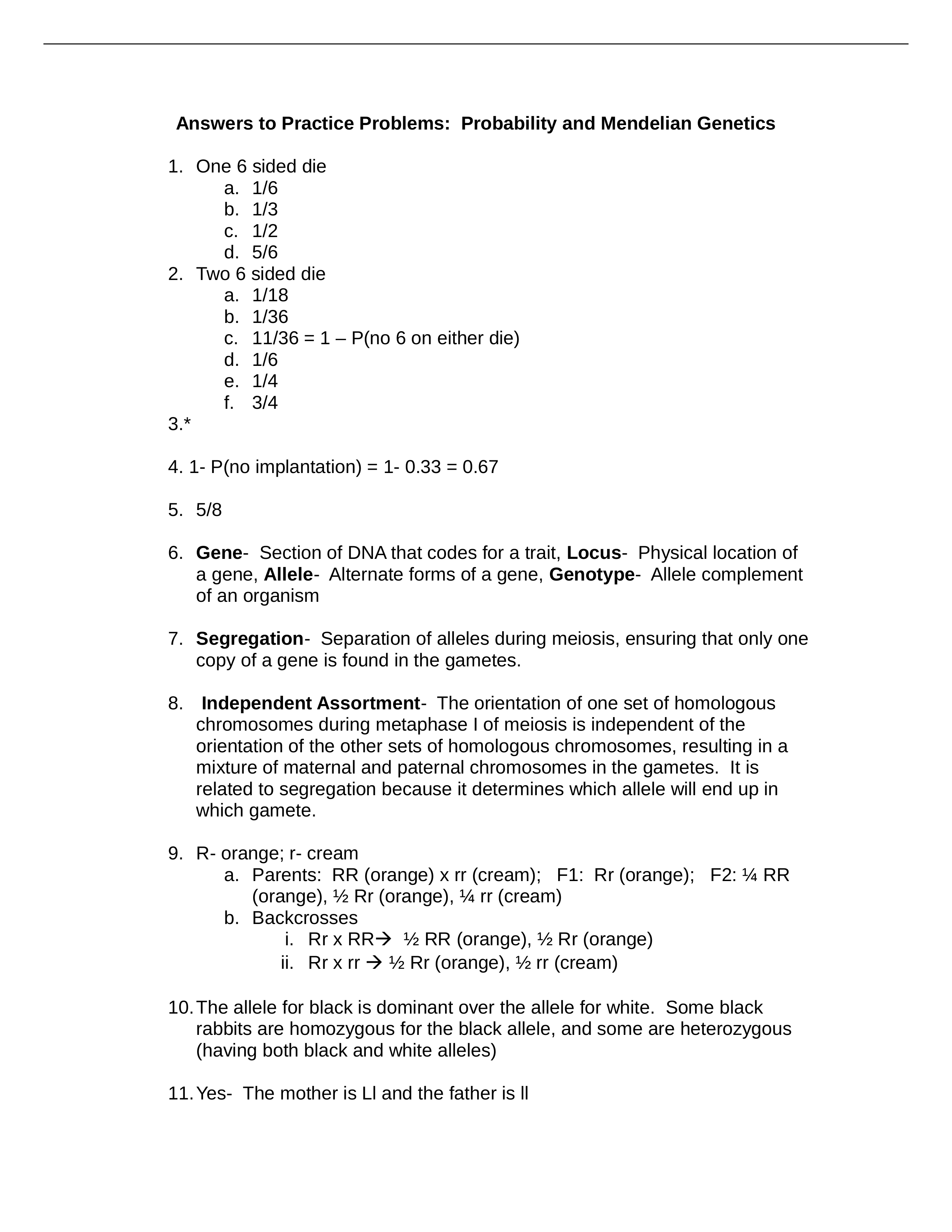 Answers to Practice Problems, Probability and Mendelian Genetics_d30ipq62i1t_page1