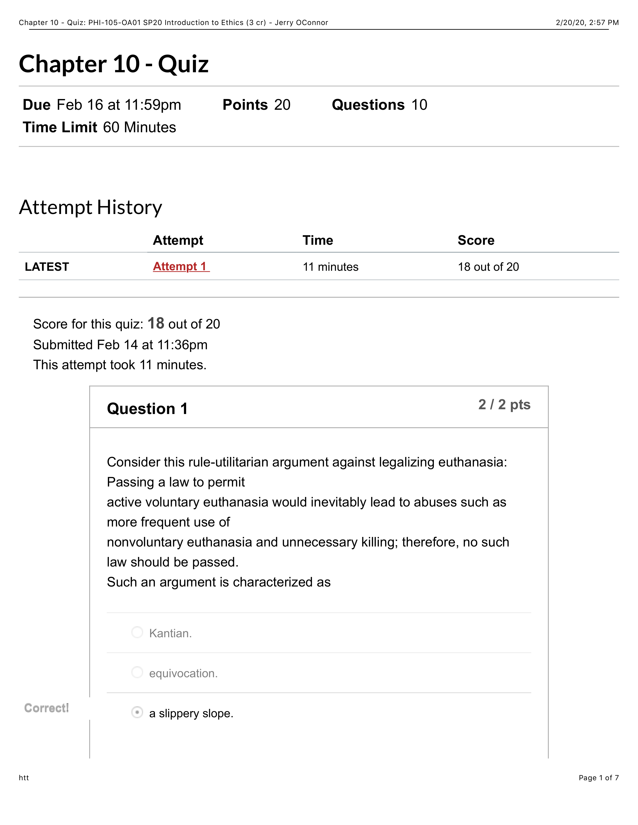 Chapter 10 - Quiz: PHI-105-OA01 SP20 Introduction to Ethics (3 cr) - Jerry OConnor.pdf_d7dezlj8qh5_page1
