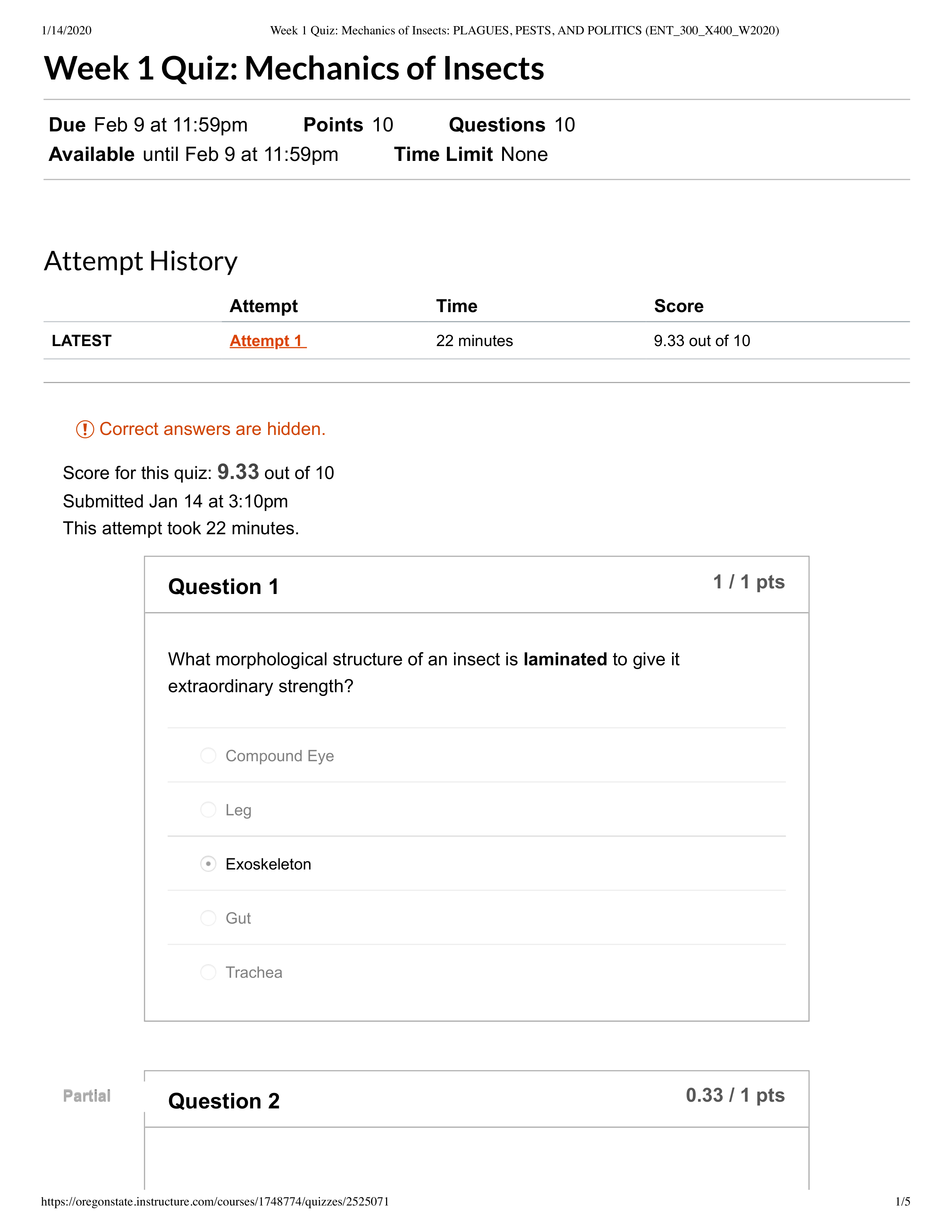 Week 1 Quiz_ Mechanics of Insects_ PLAGUES, PESTS, AND POLITICS (ENT_300_X400_W2020).pdf_d88plw6g0nx_page1