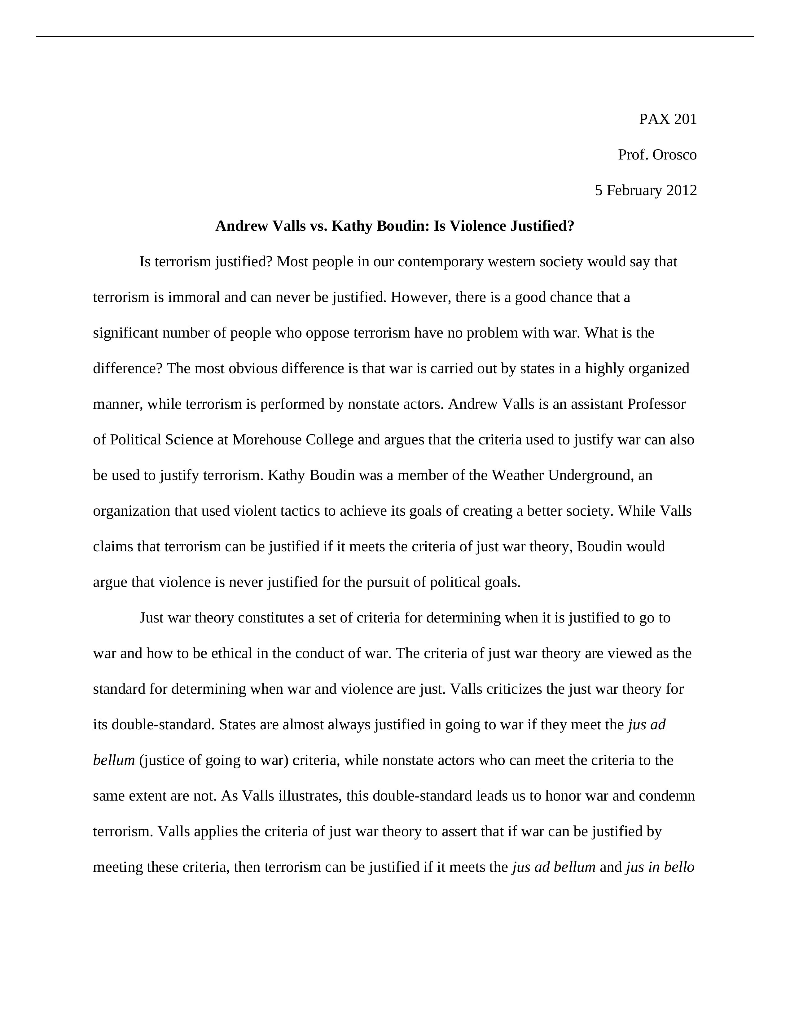 Short Essay 1 - Andrew Valls Criteria and Justified Terrorism_d9mc7hsp1r5_page1