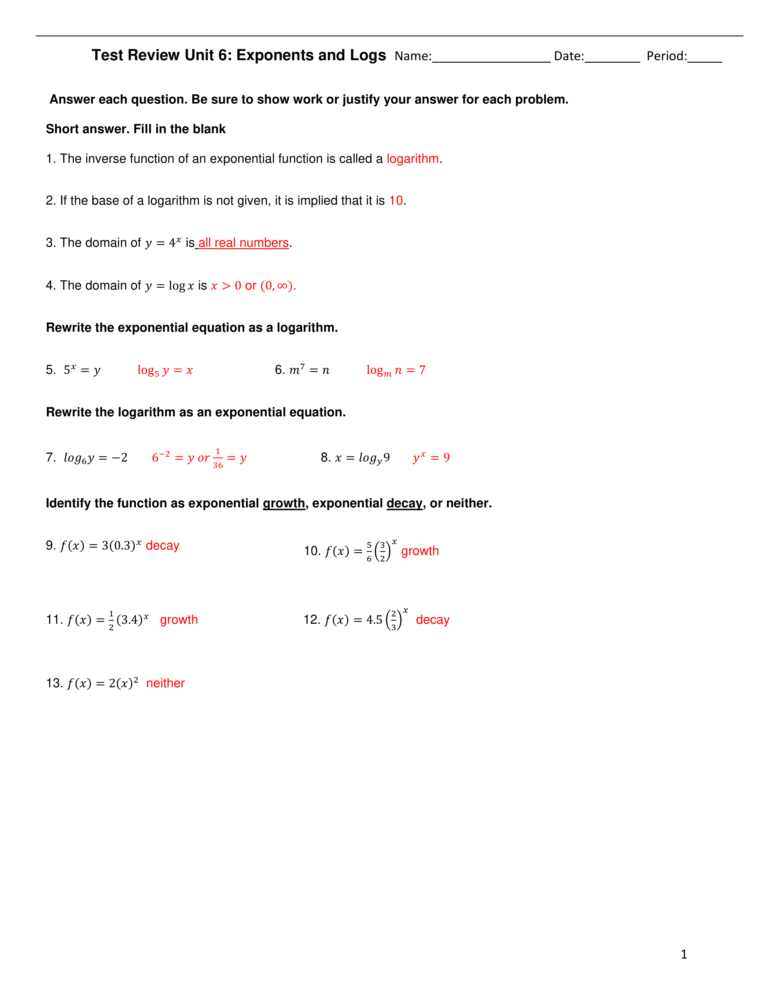 Unit 6 Exp and Logs Test Review - Answer Key.pdf_da2cw0ddo71_page1