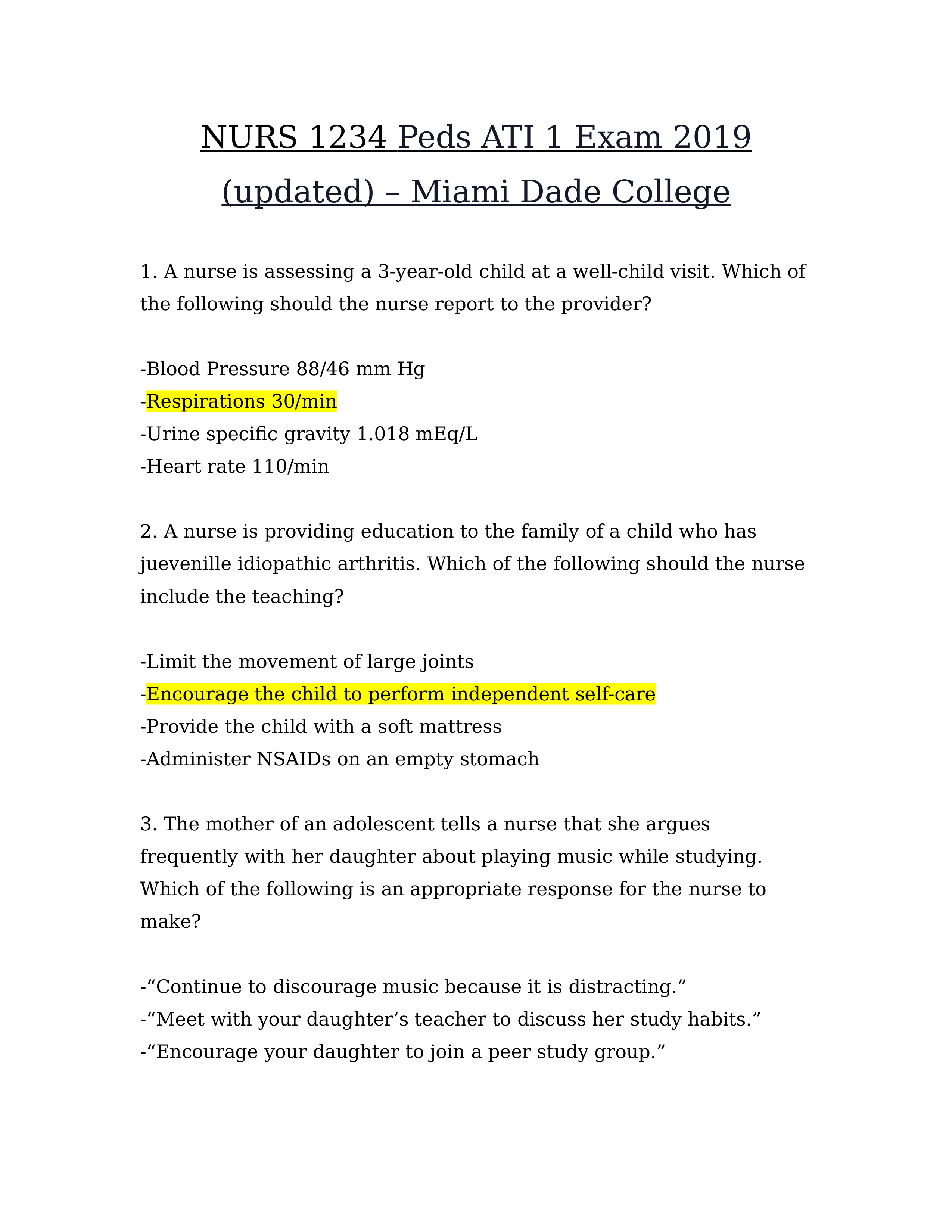 NURS 1234 Peds ATI 1 Exam 2019 (updated) - Miami Dade College.docx_daaodcpvqbm_page1