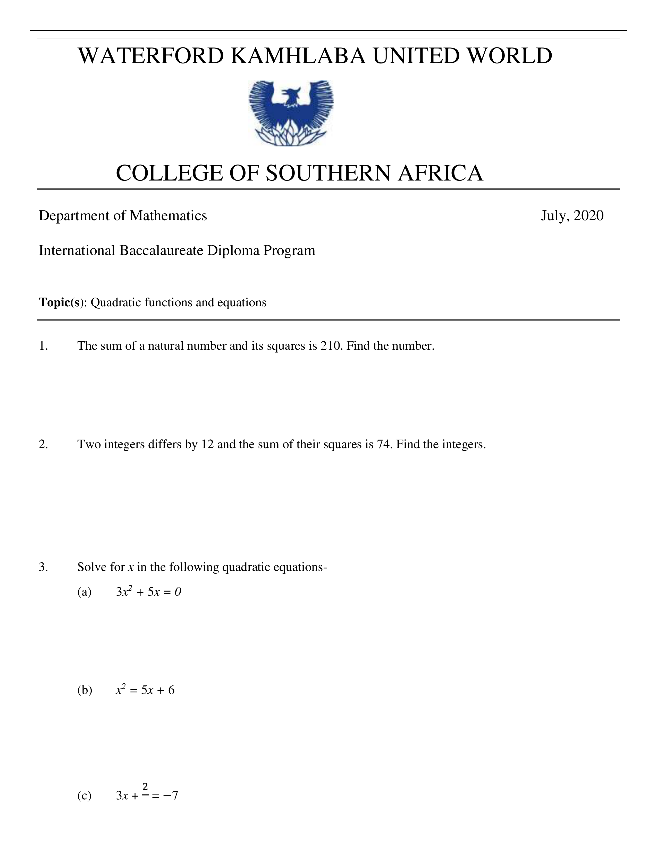 IB Quadratic functions and equations worksheet 1.pdf_daxoa4t36h3_page1