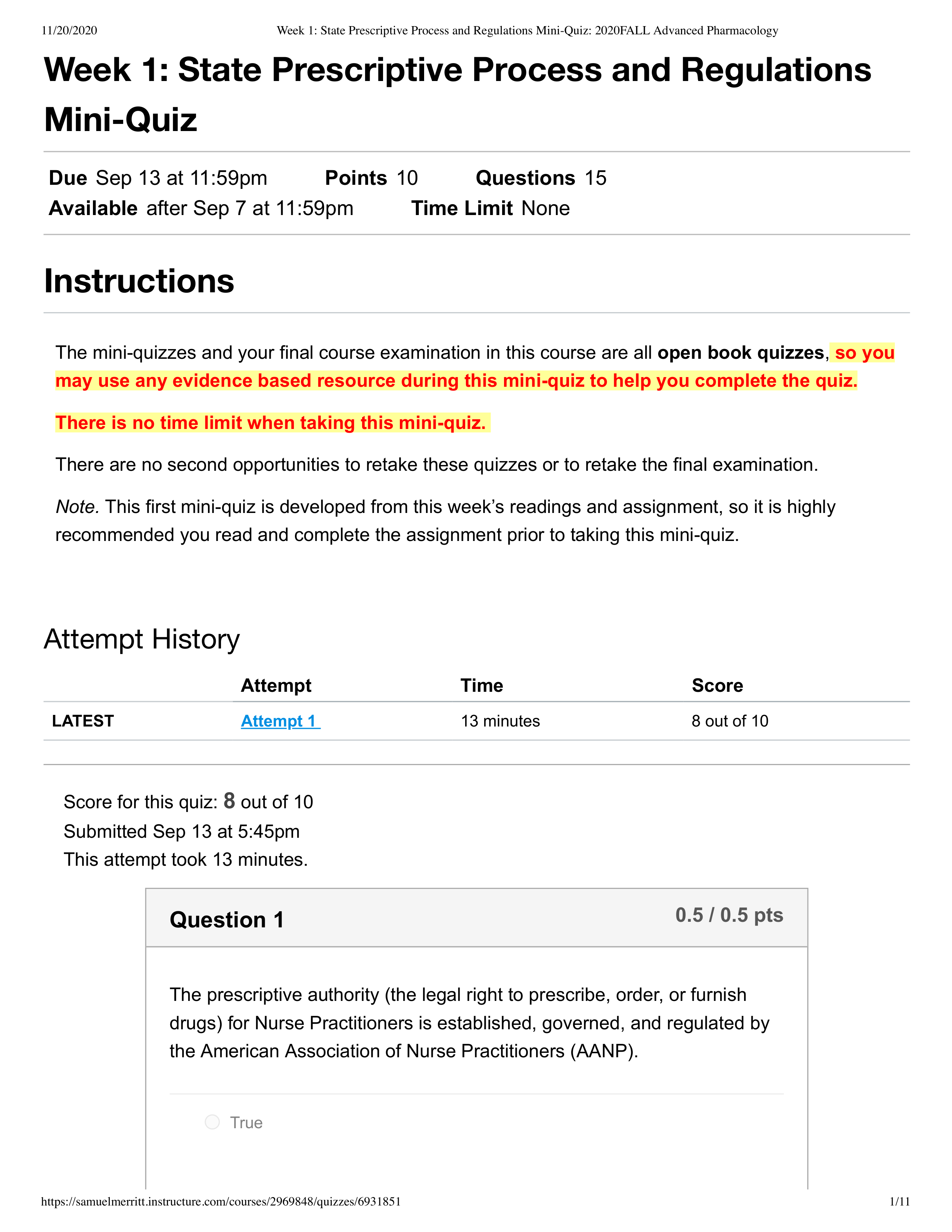 Week 1_ State Prescriptive Process and Regulations Mini-Quiz_ 2020FALL Advanced Pharmacology.pdf_dck538mj8nn_page1