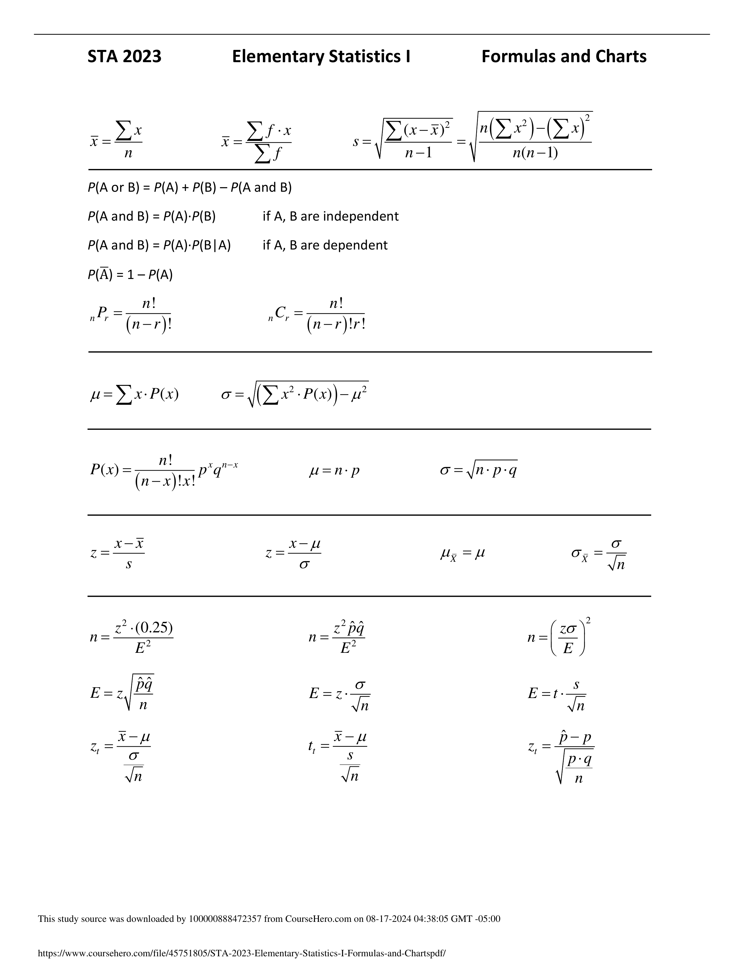 STA 2023 Elementary Statistics I Formulas and Charts.pdf_dclw658ds4l_page1