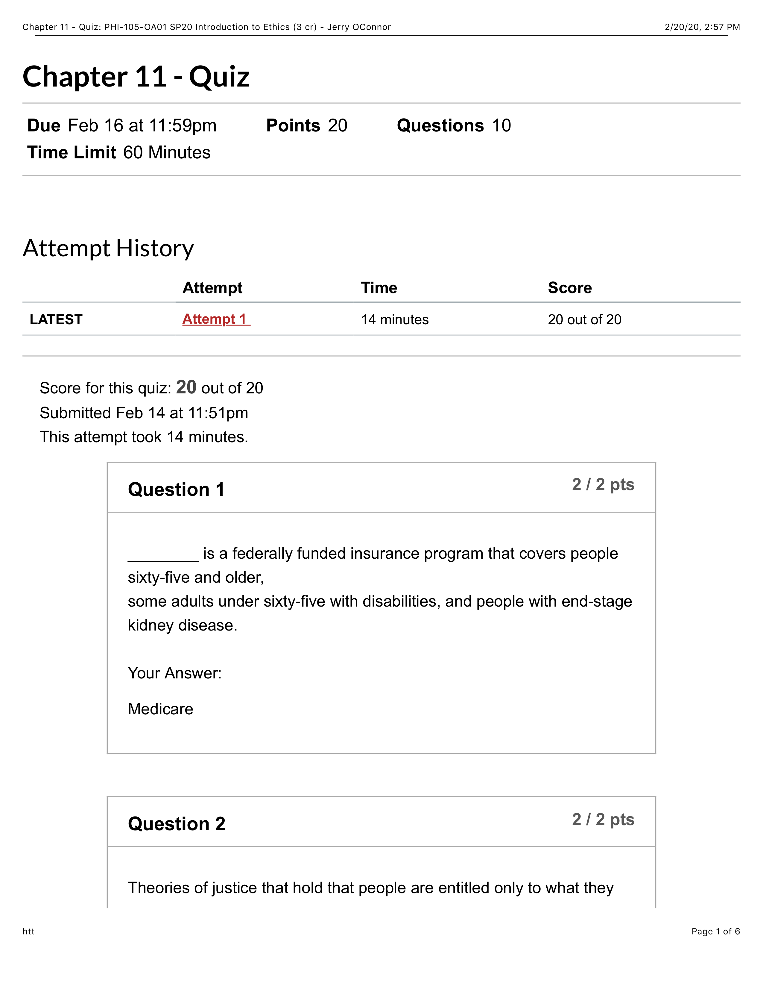 Chapter 11 - Quiz: PHI-105-OA01 SP20 Introduction to Ethics (3 cr) - Jerry OConnor.pdf_dcrctc2d58w_page1