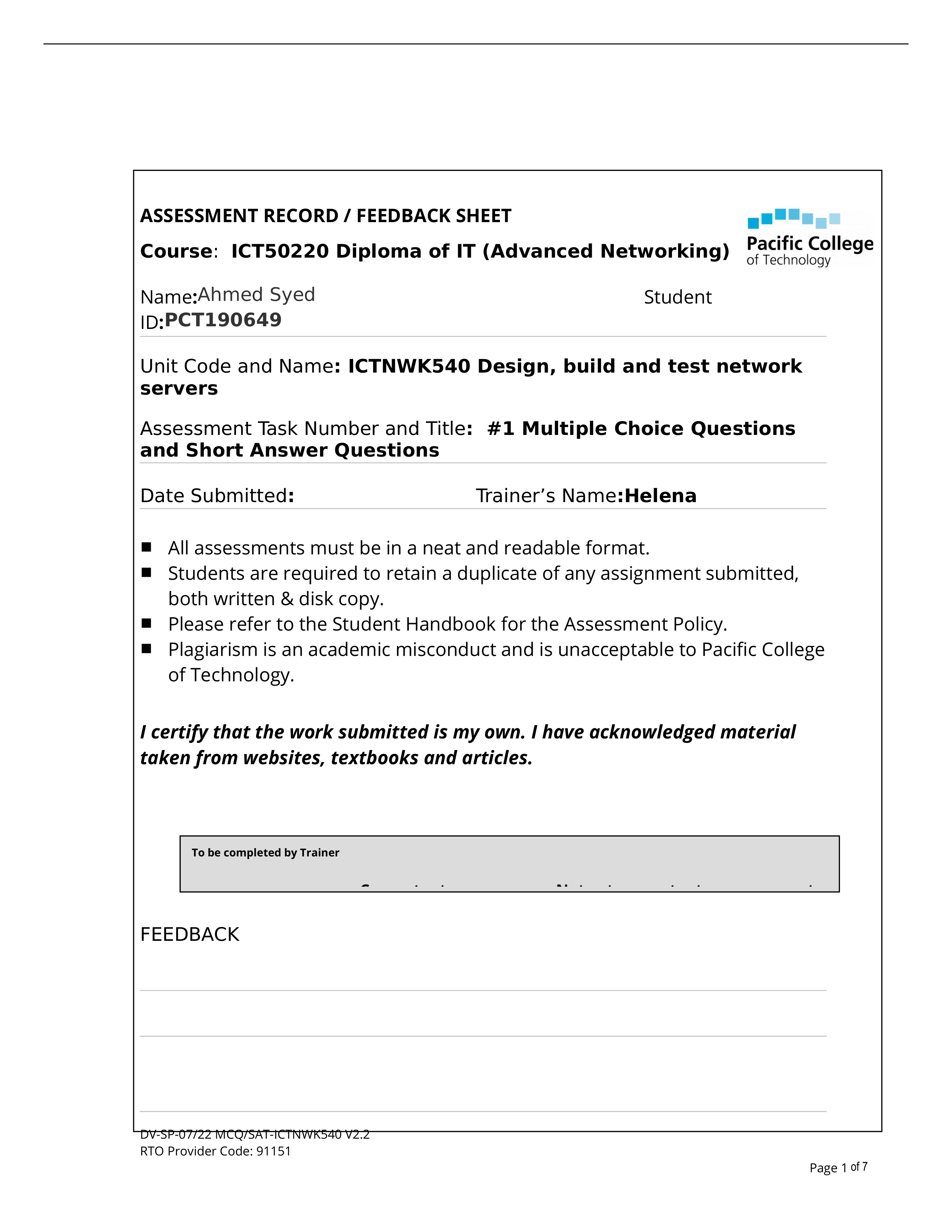 ICTNWK540  - Assessment 1 - MCQs and SAQs.docx_dctlqlcsxnw_page1