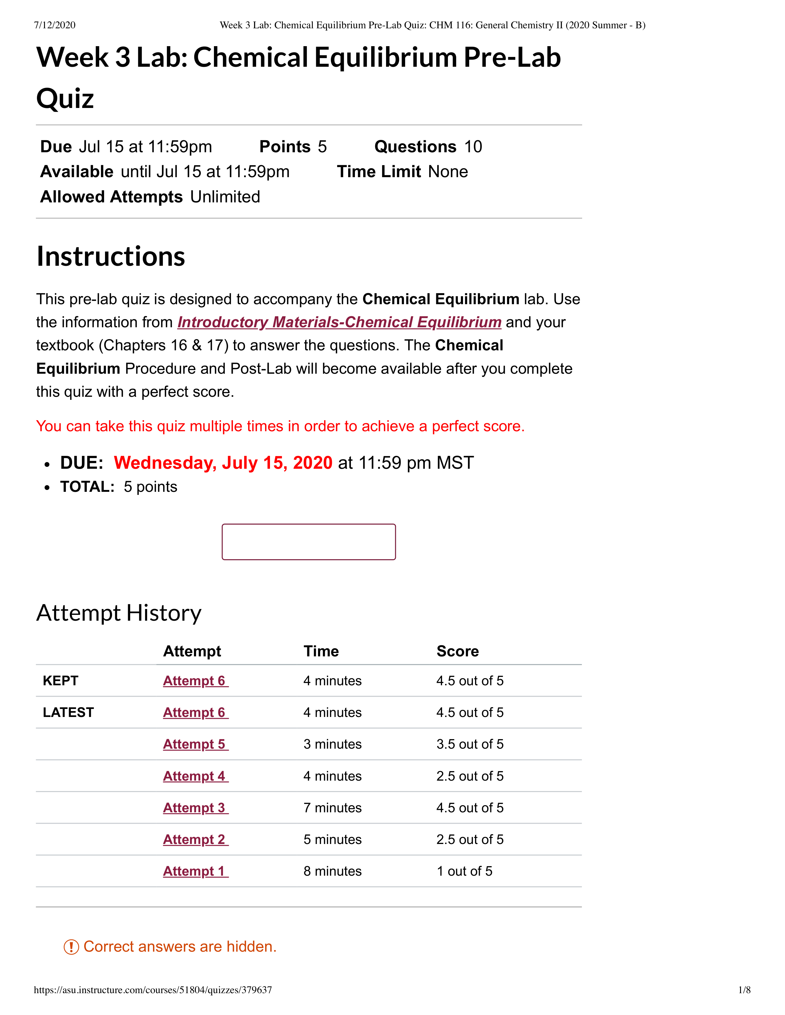 6Week 3 Lab_ Chemical Equilibrium Pre-Lab Quiz_ CHM 116_ General Chemistry II (2020 Summer - B).pdf_ddwo00ofds3_page1