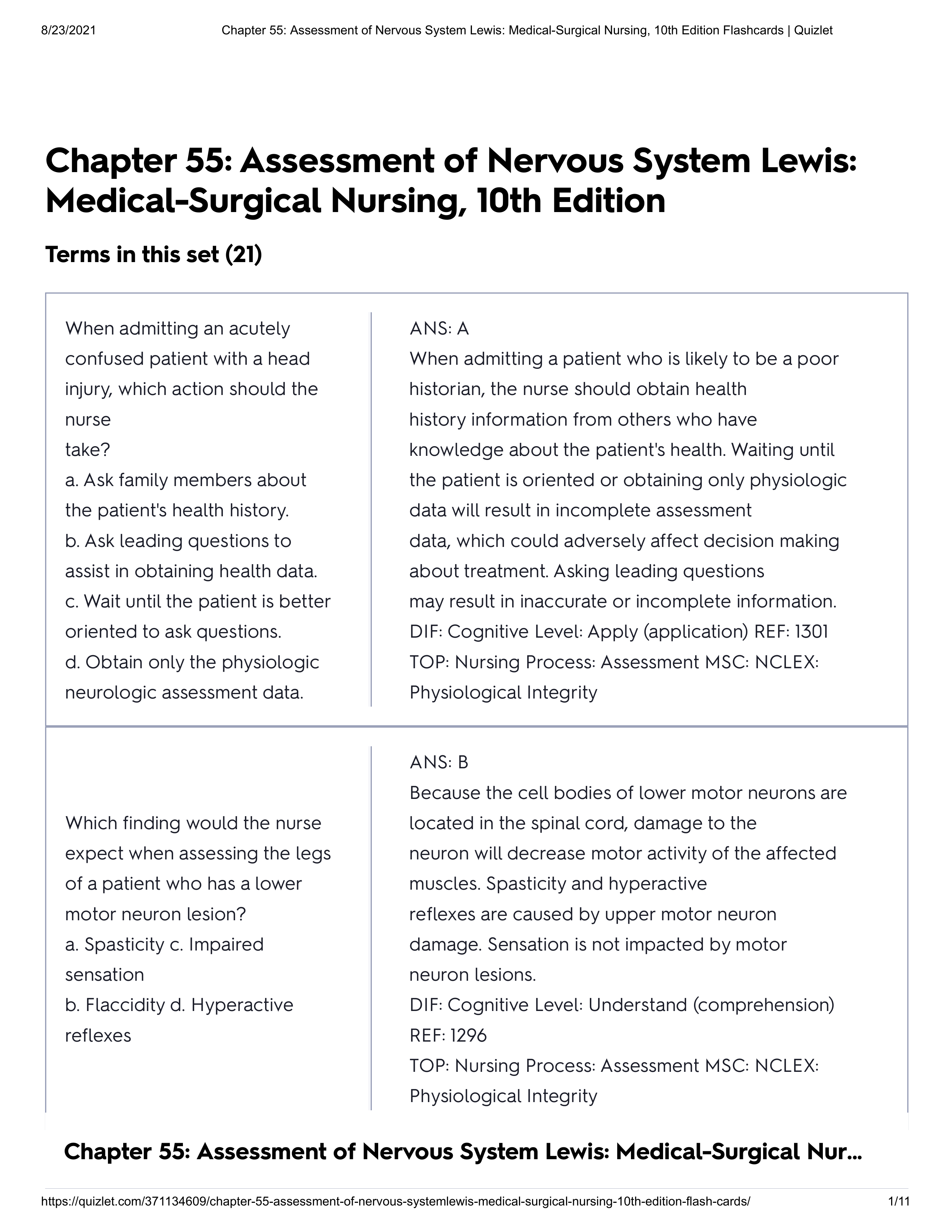 Chapter 55_ Assessment of Nervous System Lewis_ Medical-Surgical Nursing, 10th Edition Flashcards __de458qyoxuu_page1