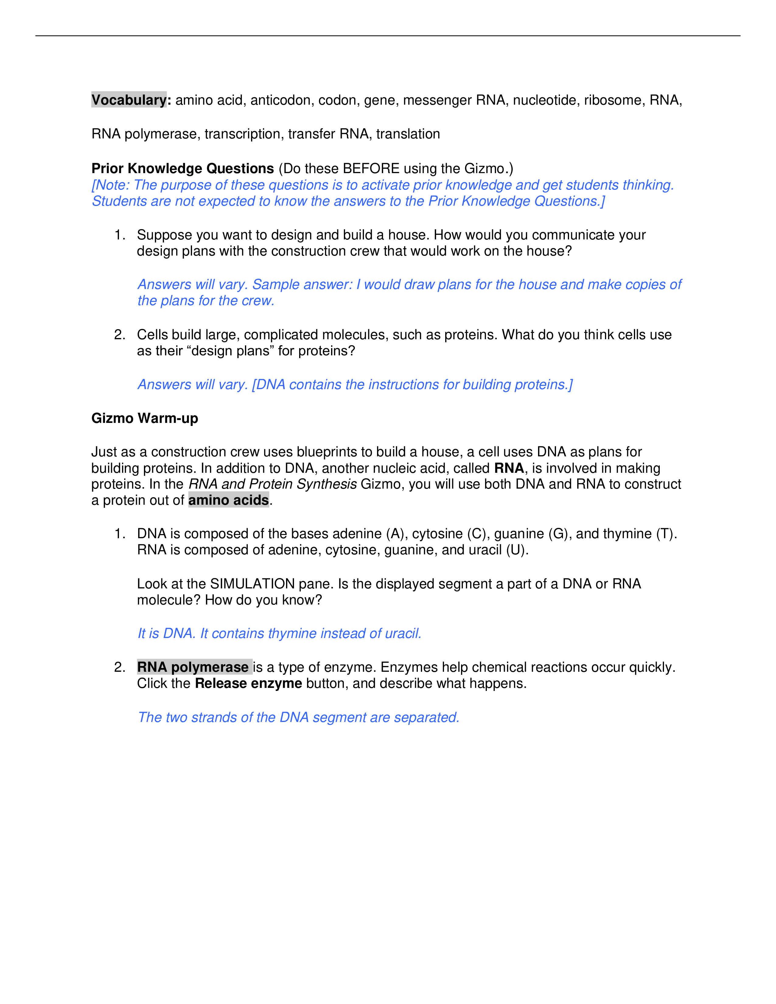 RNA and Protein Synthesis Gizmo key.pdf_dg7ljmmpe4f_page1