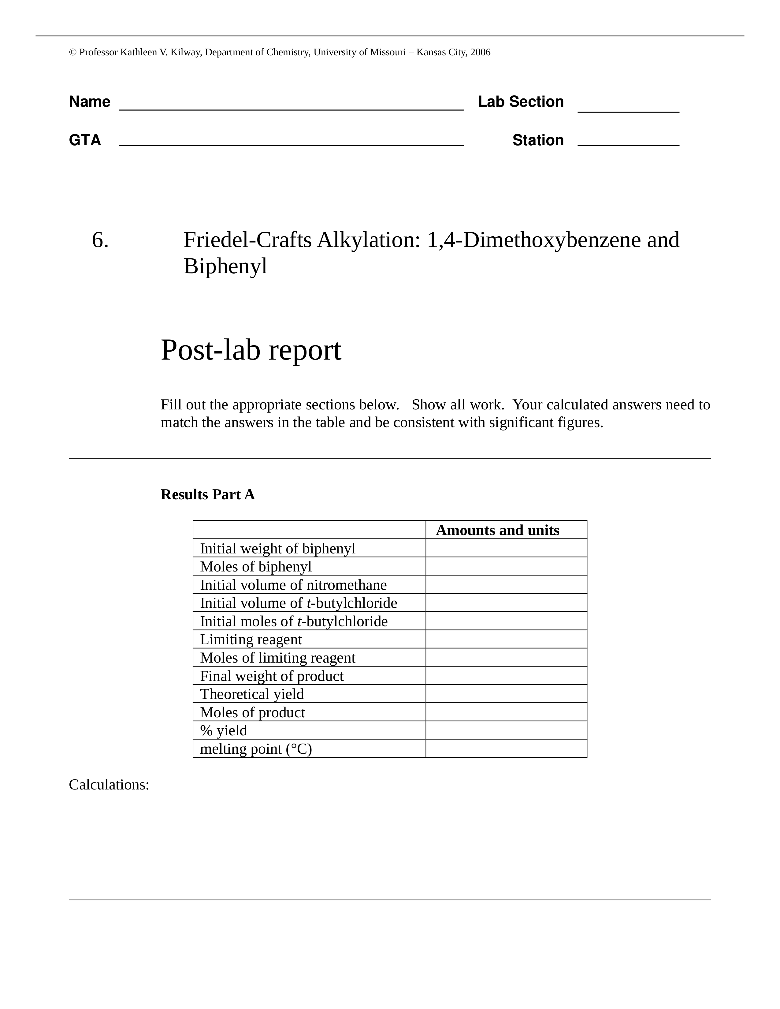 CHEM 322L - Exp 06 - Alkylation of Biphenyl and Para-Dimethoxybenzene Postlab_dgz728uc92t_page1