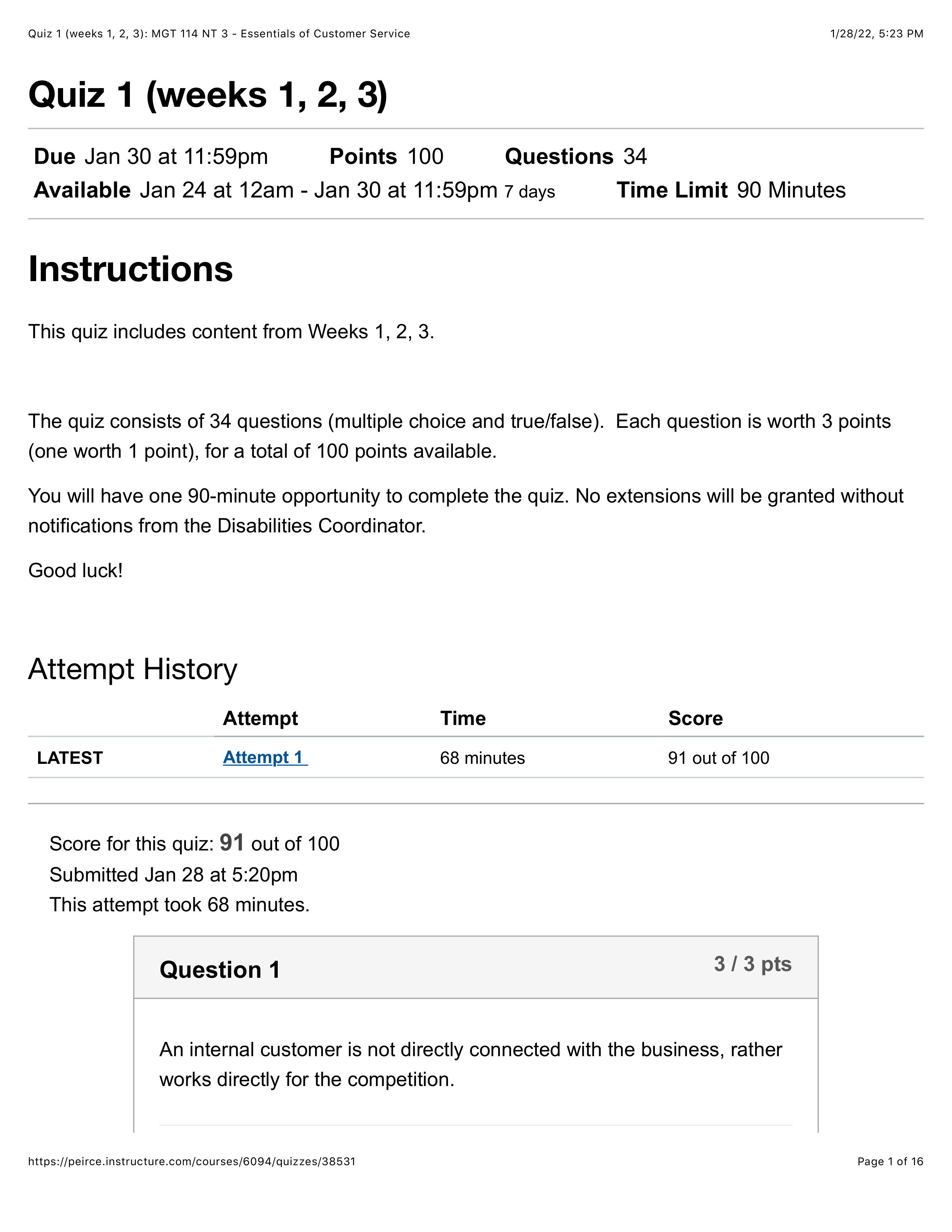 Quiz 1 (weeks 1, 2, 3): MGT 114 NT 3 - Essentials of Customer Service.pdf_dh5ie7qs1dz_page1