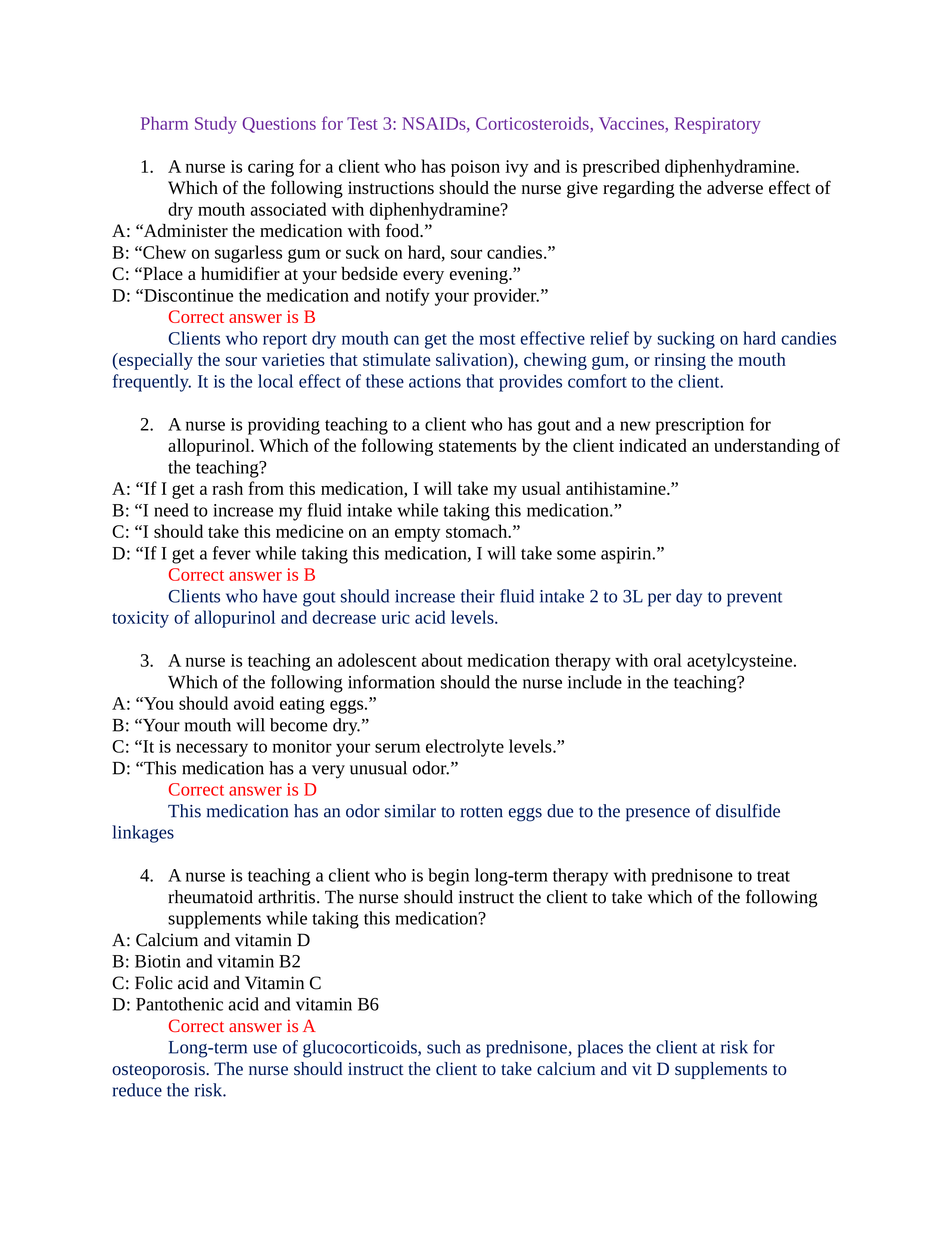 Pharm Study Questions Test 3 NSAIDs, Corticosteroids, Vaccines, Respiratory.docx_dii0bm3s0ck_page1